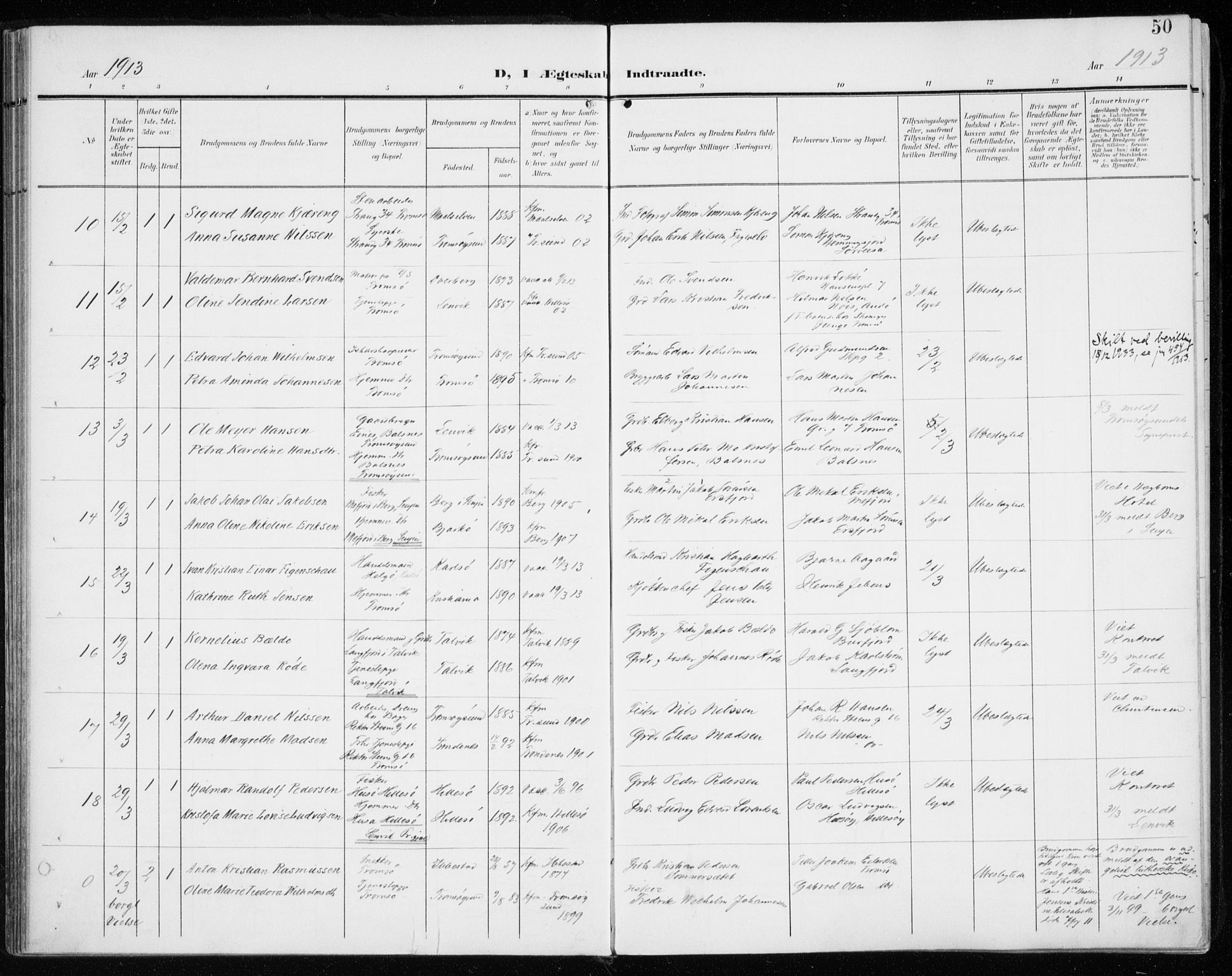Tromsø sokneprestkontor/stiftsprosti/domprosti, SATØ/S-1343/G/Ga/L0018kirke: Parish register (official) no. 18, 1907-1917, p. 50