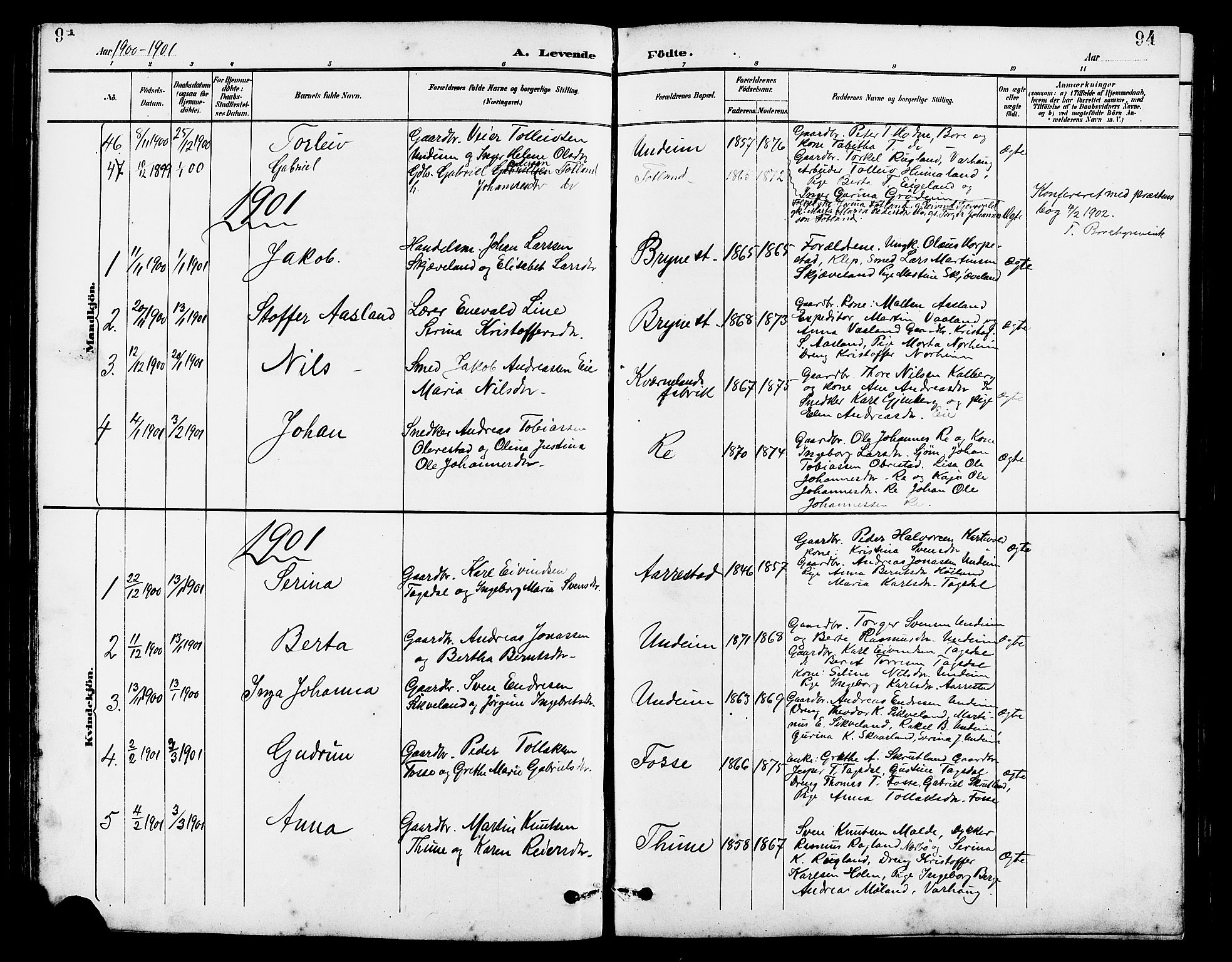 Lye sokneprestkontor, AV/SAST-A-101794/001/30BB/L0007: Parish register (copy) no. B 8, 1889-1909, p. 94