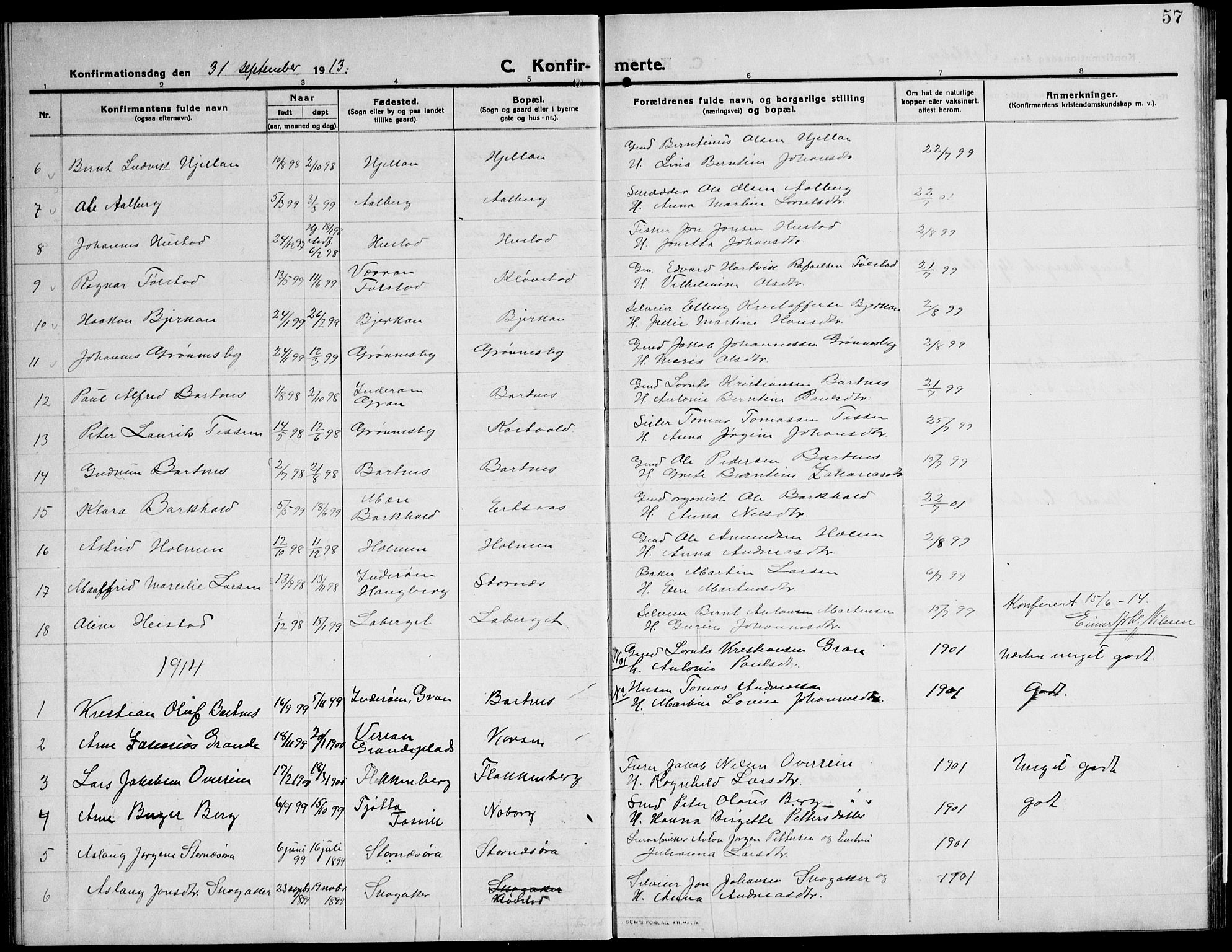 Ministerialprotokoller, klokkerbøker og fødselsregistre - Nord-Trøndelag, SAT/A-1458/732/L0319: Parish register (copy) no. 732C03, 1911-1945, p. 57