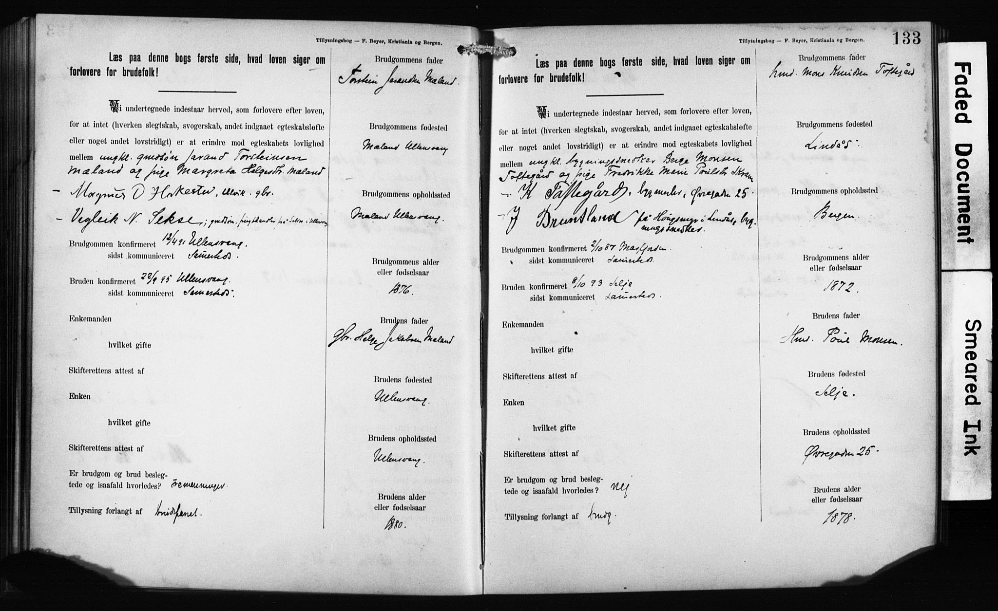 Mariakirken Sokneprestembete, AV/SAB-A-76901: Best man's statements no. II.5.1, 1891-1901, p. 133