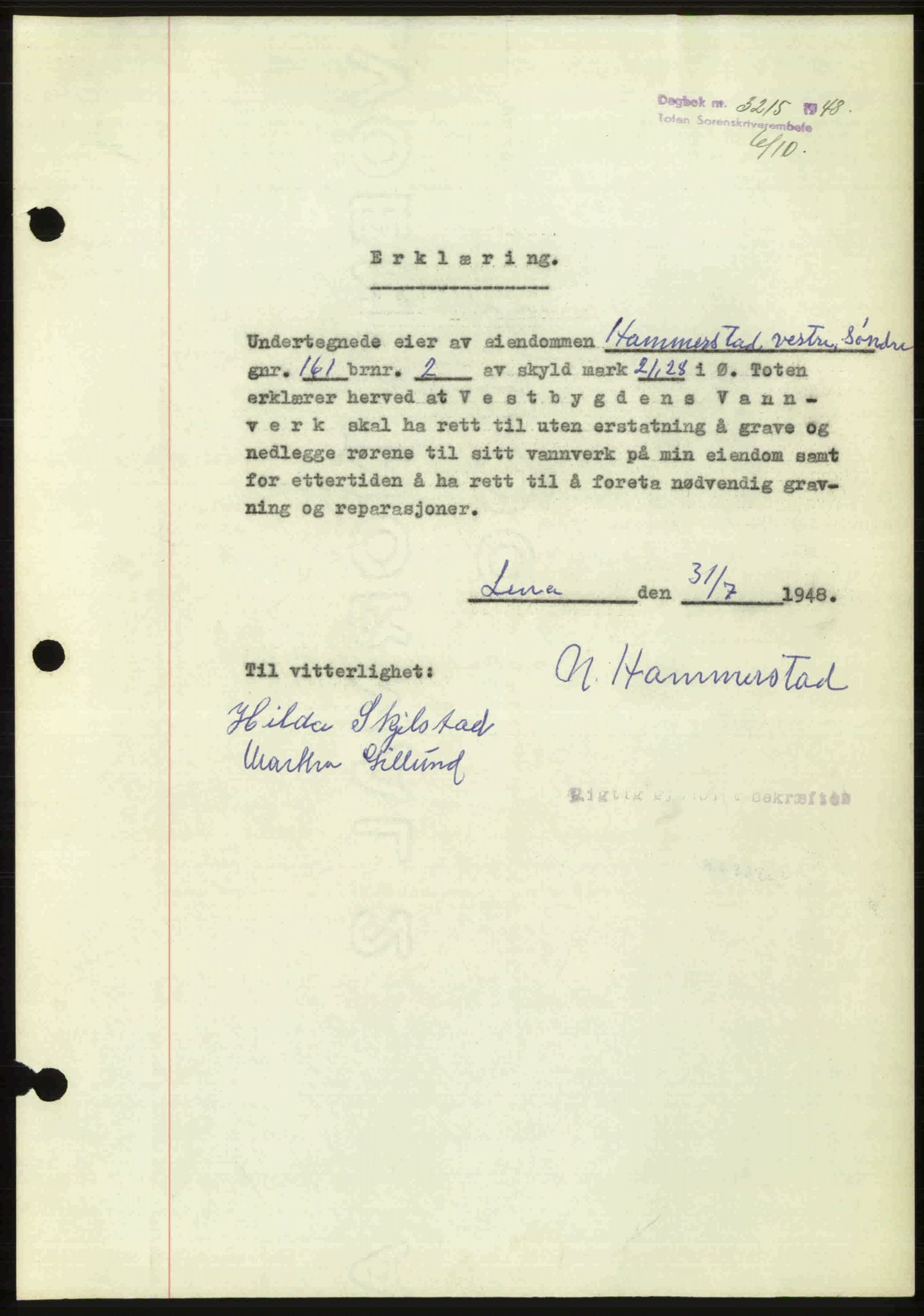 Toten tingrett, SAH/TING-006/H/Hb/Hbc/L0020: Mortgage book no. Hbc-20, 1948-1948, Diary no: : 3215/1948