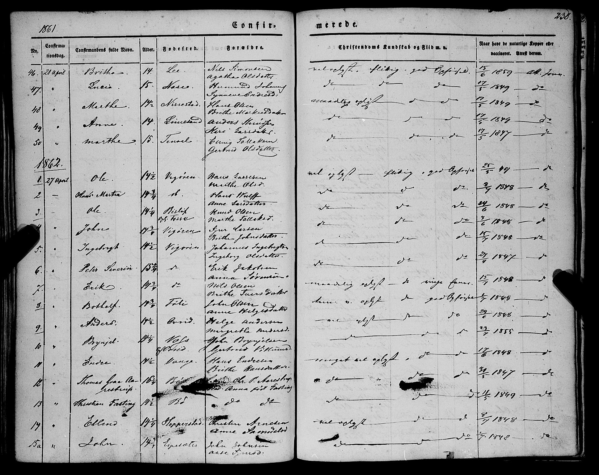 Vik sokneprestembete, AV/SAB-A-81501/H/Haa/Haaa/L0008: Parish register (official) no. A 8, 1846-1865, p. 238