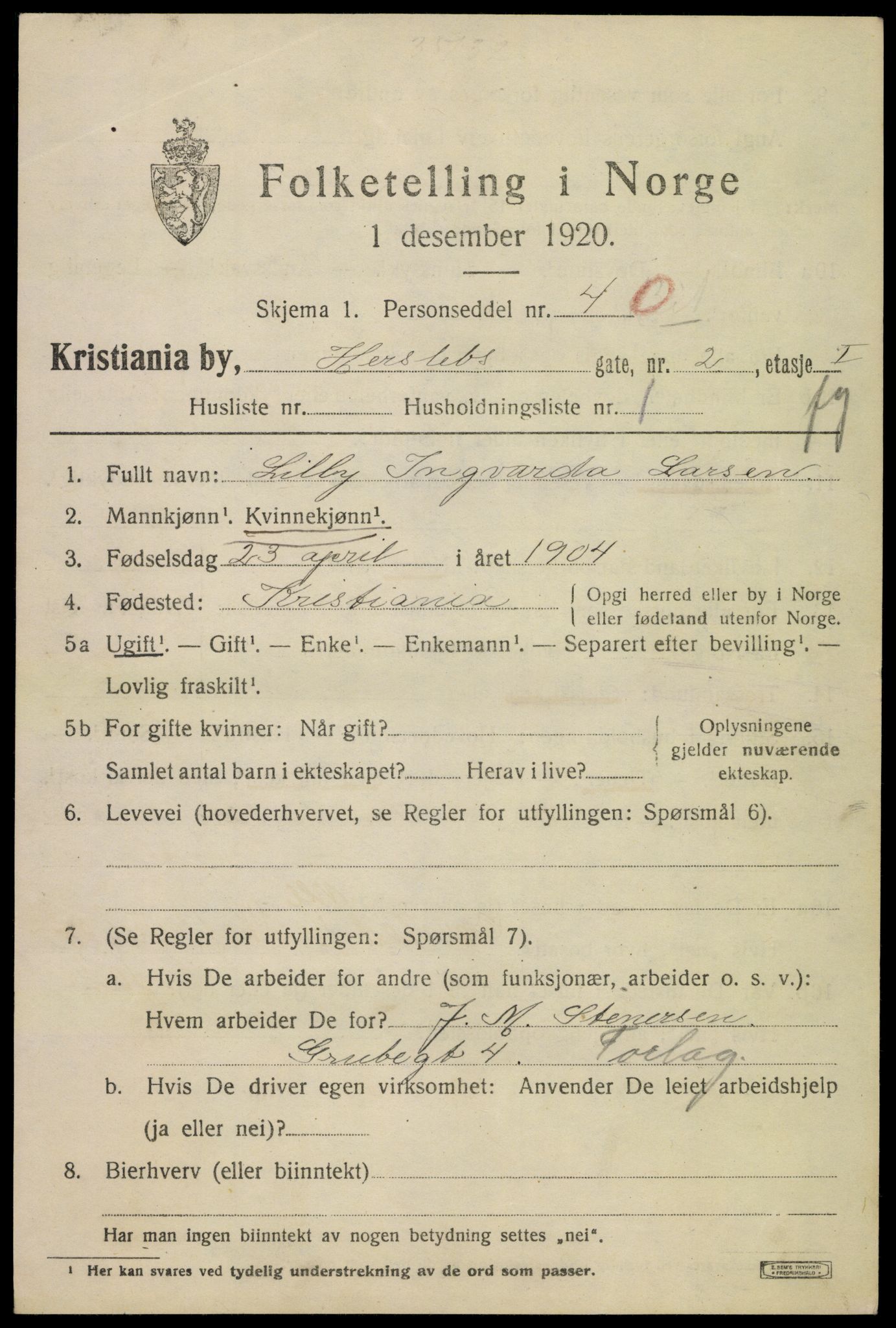 SAO, 1920 census for Kristiania, 1920, p. 289117