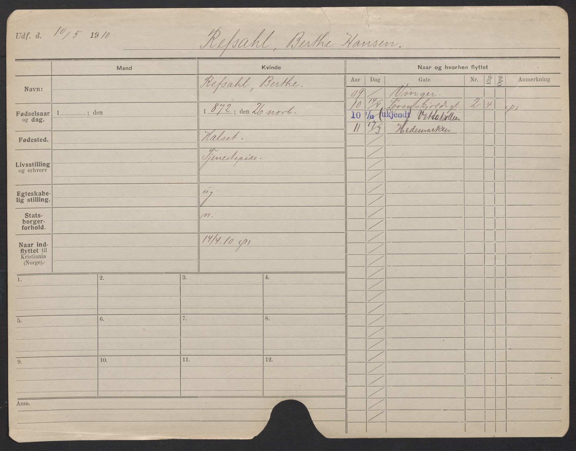 Oslo folkeregister, Registerkort, AV/SAO-A-11715/F/Fa/Fac/L0023: Kvinner, 1906-1914, p. 100a