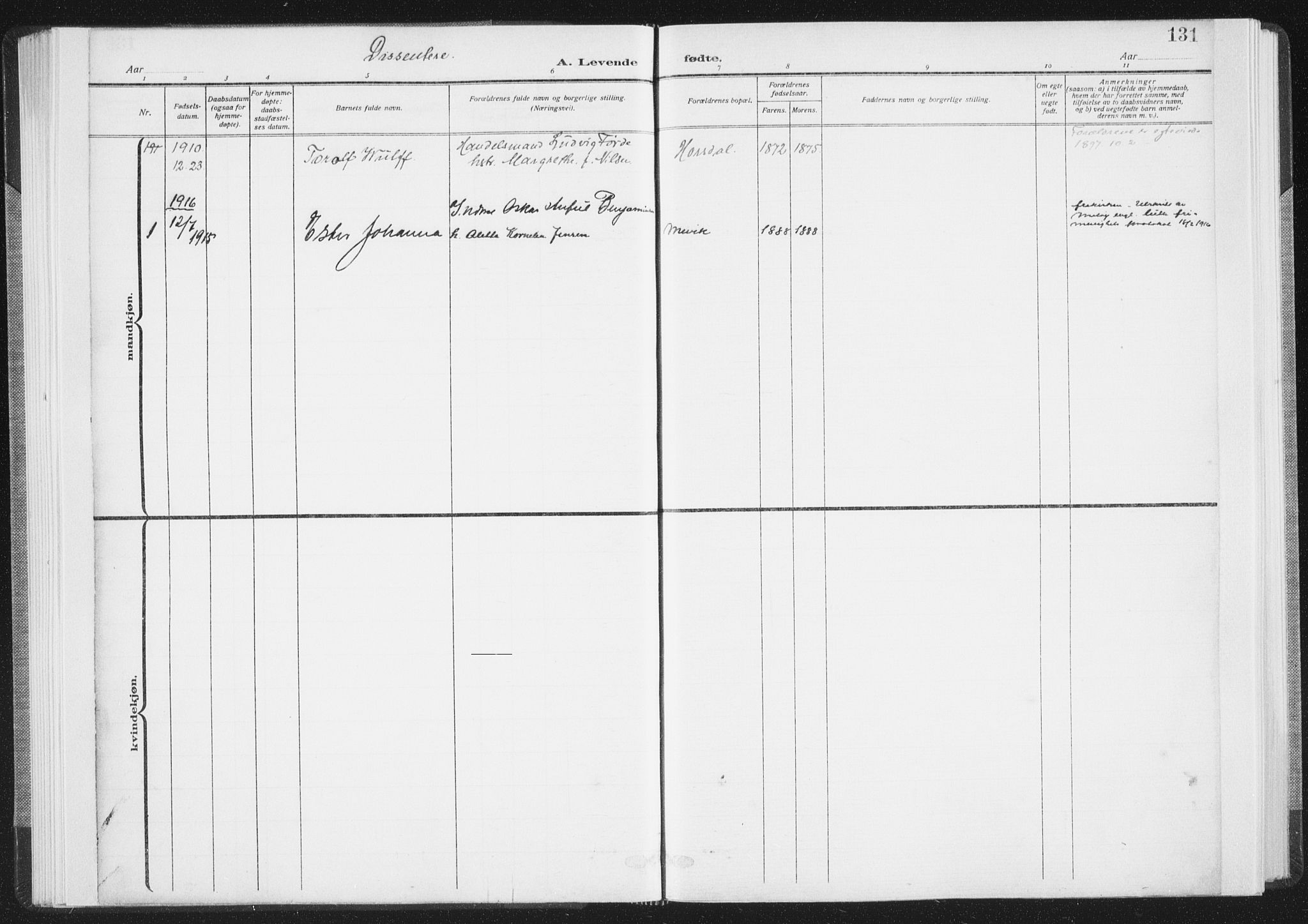 Ministerialprotokoller, klokkerbøker og fødselsregistre - Nordland, SAT/A-1459/805/L0104: Parish register (official) no. 805A09, 1909-1926, p. 131