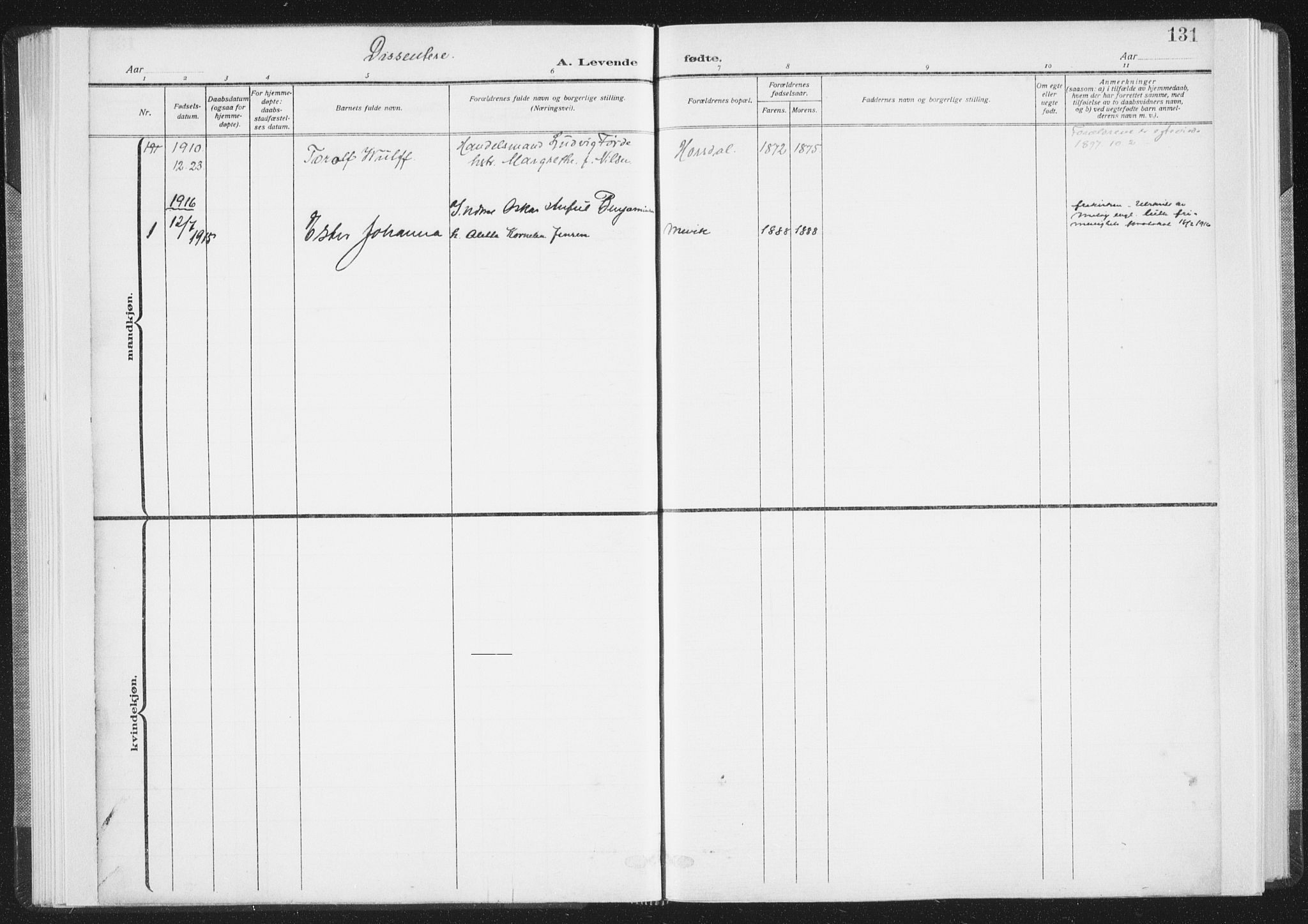 Ministerialprotokoller, klokkerbøker og fødselsregistre - Nordland, AV/SAT-A-1459/805/L0104: Parish register (official) no. 805A09, 1909-1926, p. 131