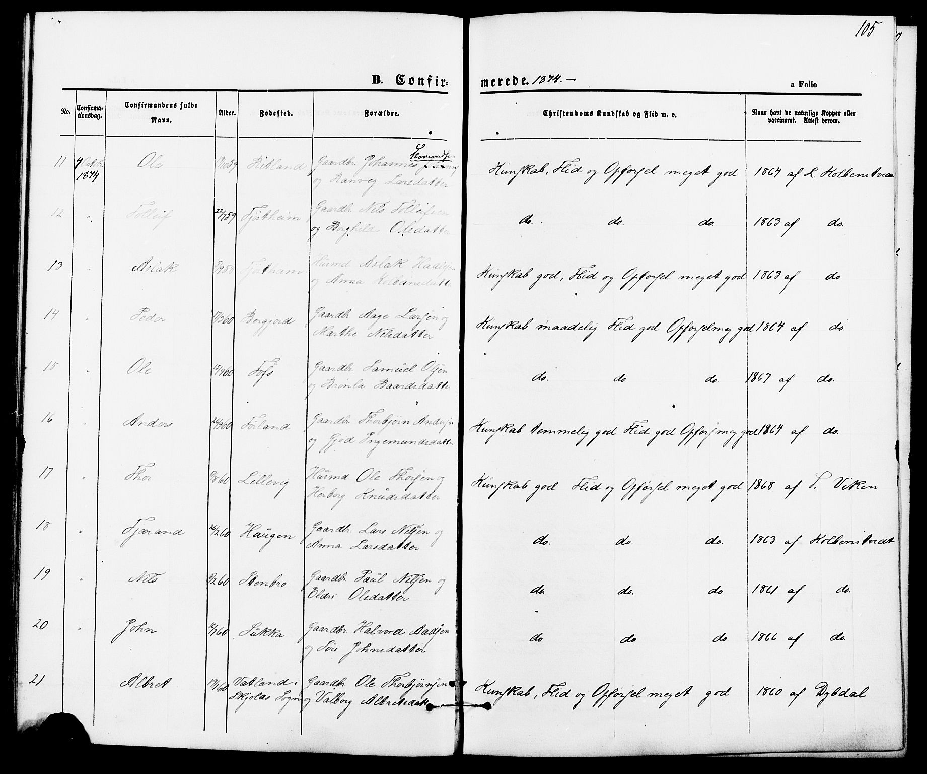 Suldal sokneprestkontor, AV/SAST-A-101845/01/IV/L0010: Parish register (official) no. A 10, 1869-1878, p. 105