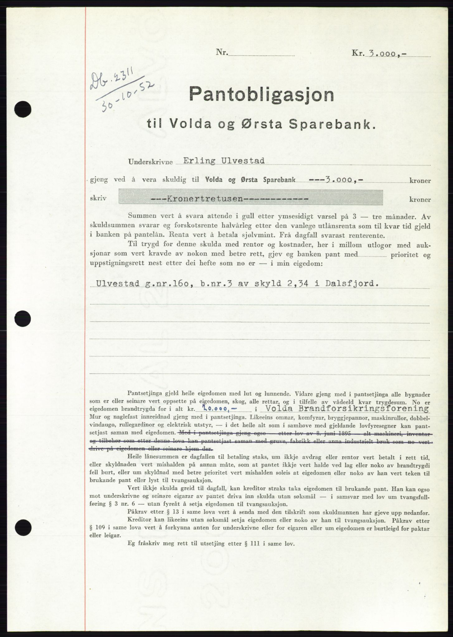 Søre Sunnmøre sorenskriveri, AV/SAT-A-4122/1/2/2C/L0122: Mortgage book no. 10B, 1952-1953, Diary no: : 2311/1952