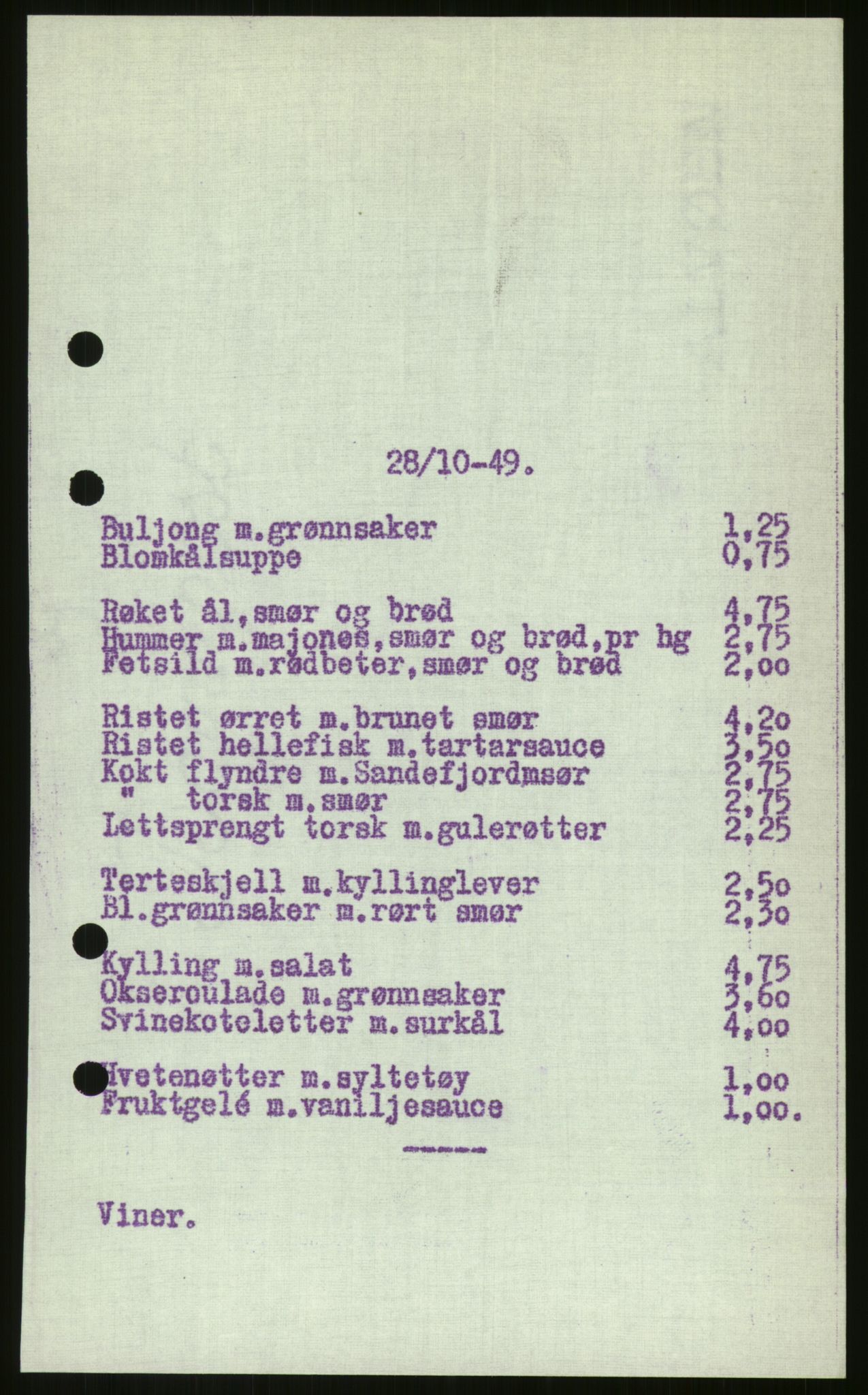 Norsk Spisevognselskap A/S, AV/RA-PA-1528/F/Fc/L0001/0003: -- / Meny, 1949