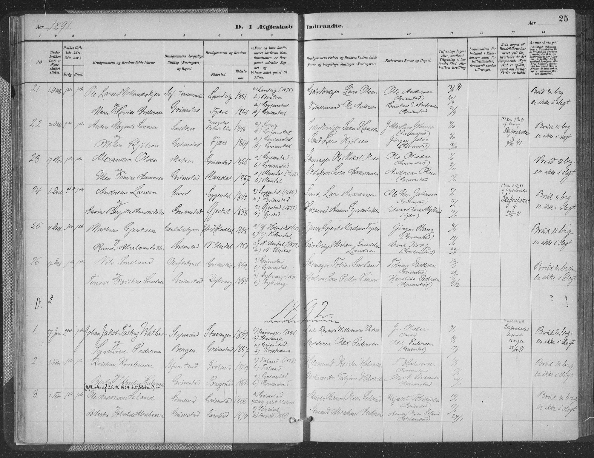 Grimstad sokneprestkontor, AV/SAK-1111-0017/F/Fa/L0004: Parish register (official) no. A 3, 1882-1910, p. 25