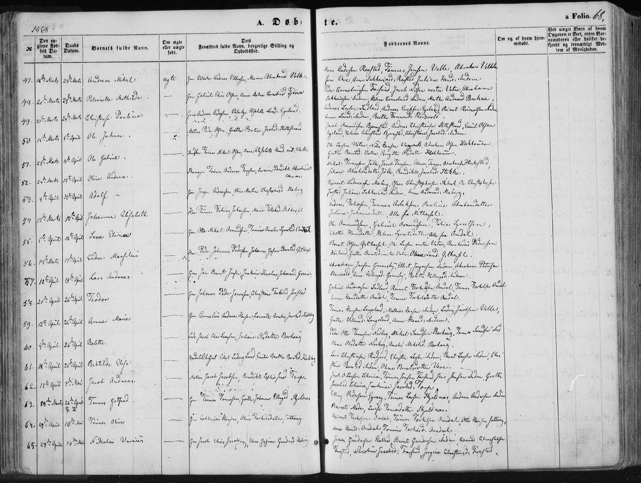 Lista sokneprestkontor, AV/SAK-1111-0027/F/Fa/L0011: Parish register (official) no. A 11, 1861-1878, p. 68