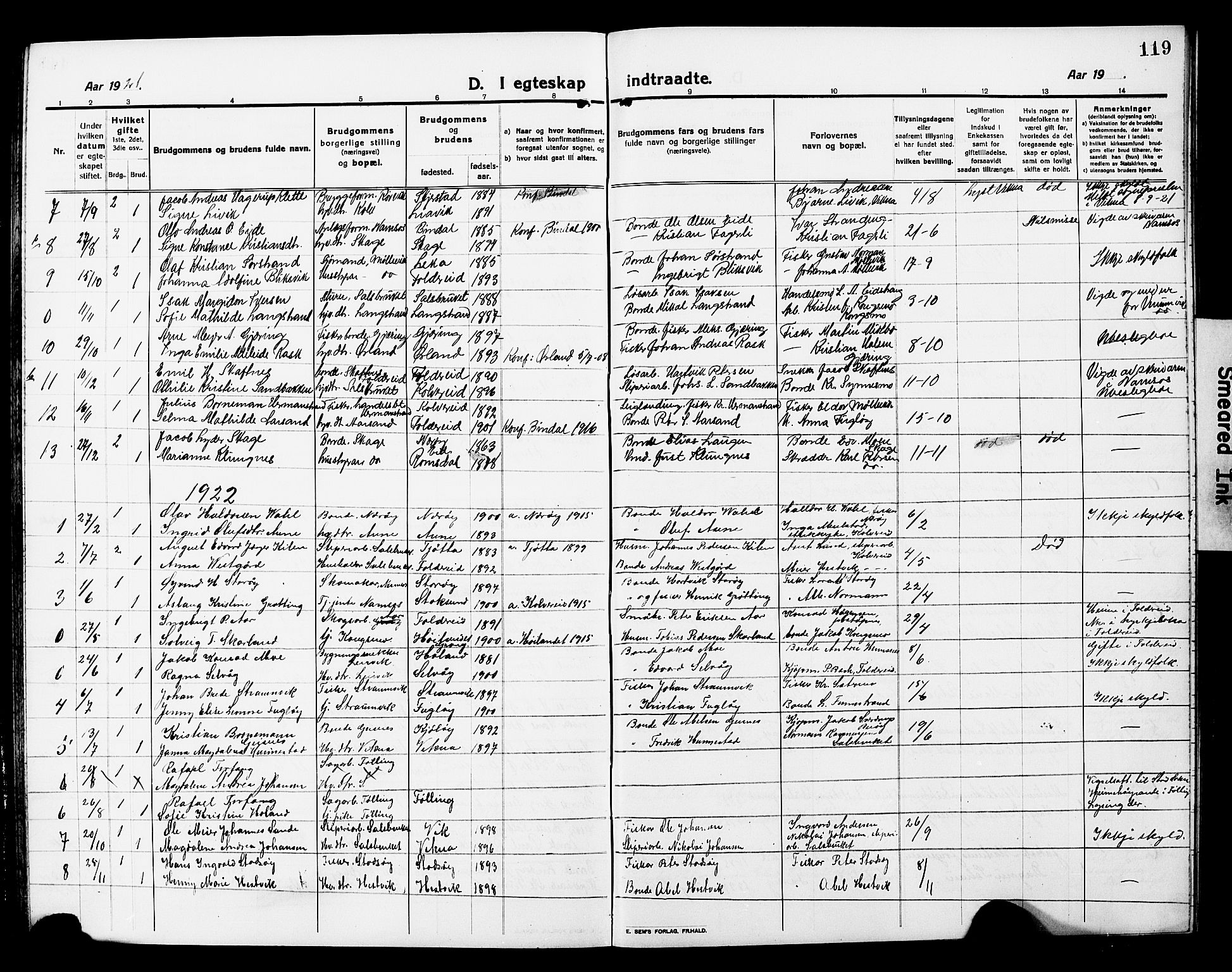 Ministerialprotokoller, klokkerbøker og fødselsregistre - Nord-Trøndelag, AV/SAT-A-1458/780/L0653: Parish register (copy) no. 780C05, 1911-1927, p. 119