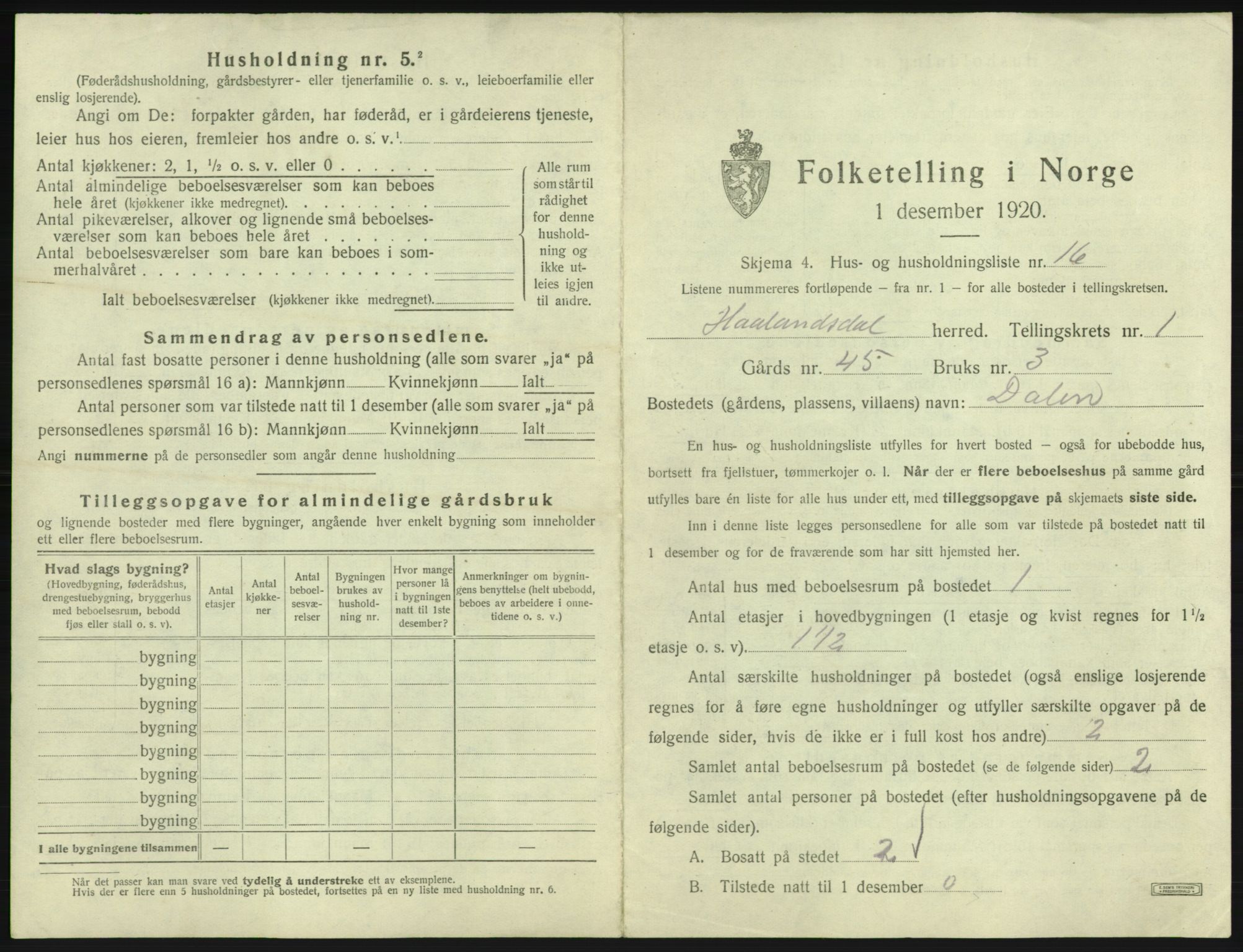 SAB, 1920 census for Hålandsdal, 1920, p. 55