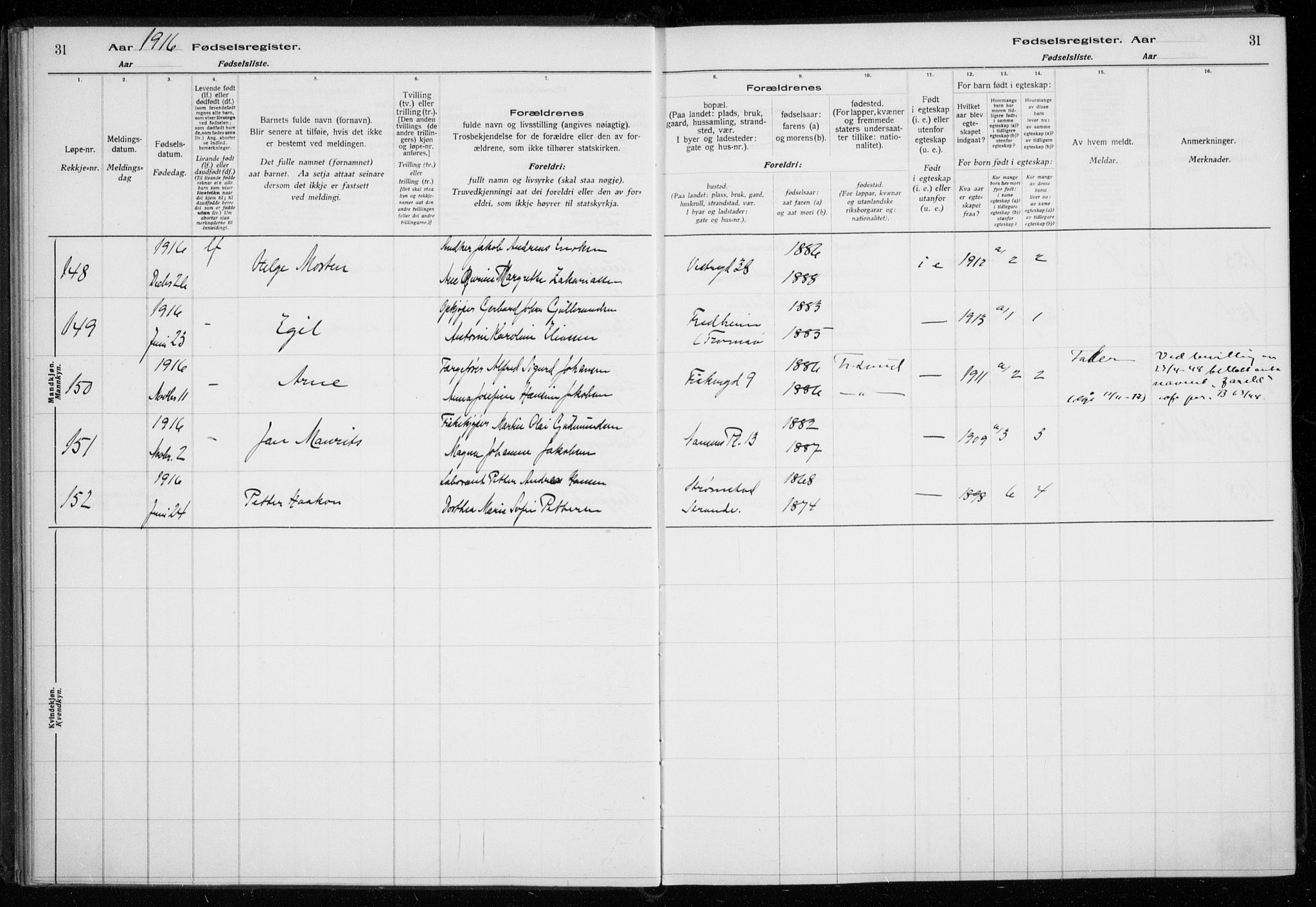 Tromsø sokneprestkontor/stiftsprosti/domprosti, AV/SATØ-S-1343/H/Ha/L0131: Birth register no. 131, 1916-1921, p. 31