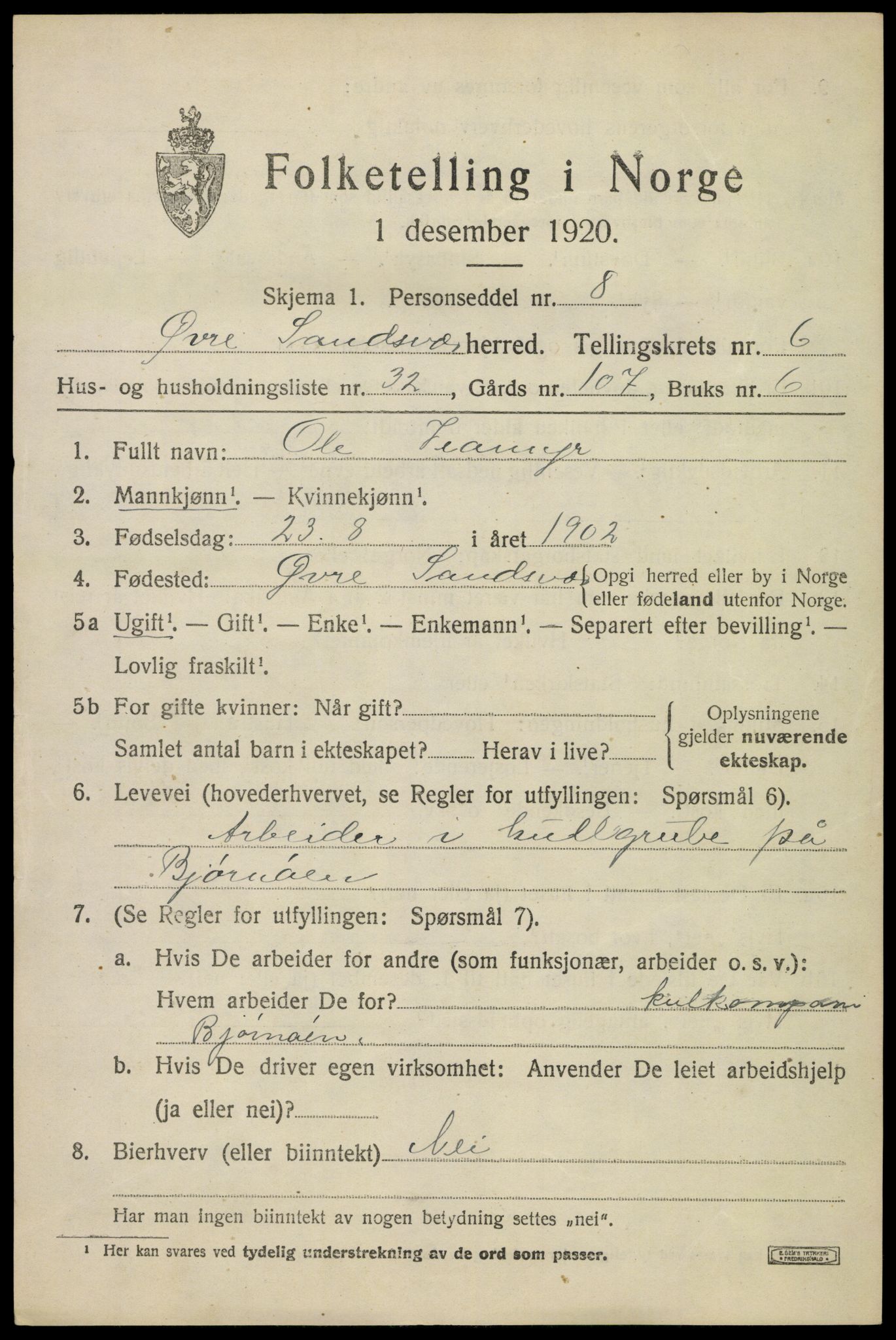 SAKO, 1920 census for Øvre Sandsvær, 1920, p. 3726
