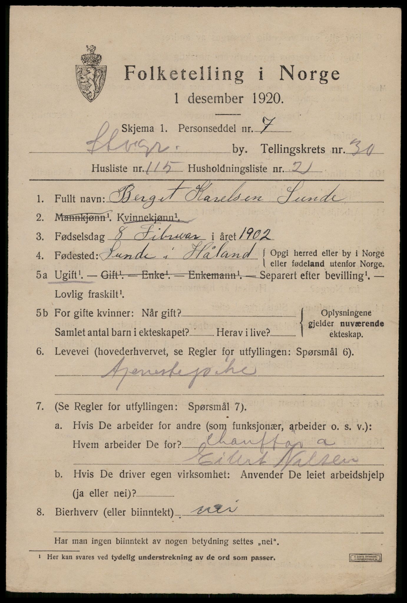 SAST, 1920 census for Stavanger, 1920, p. 86846