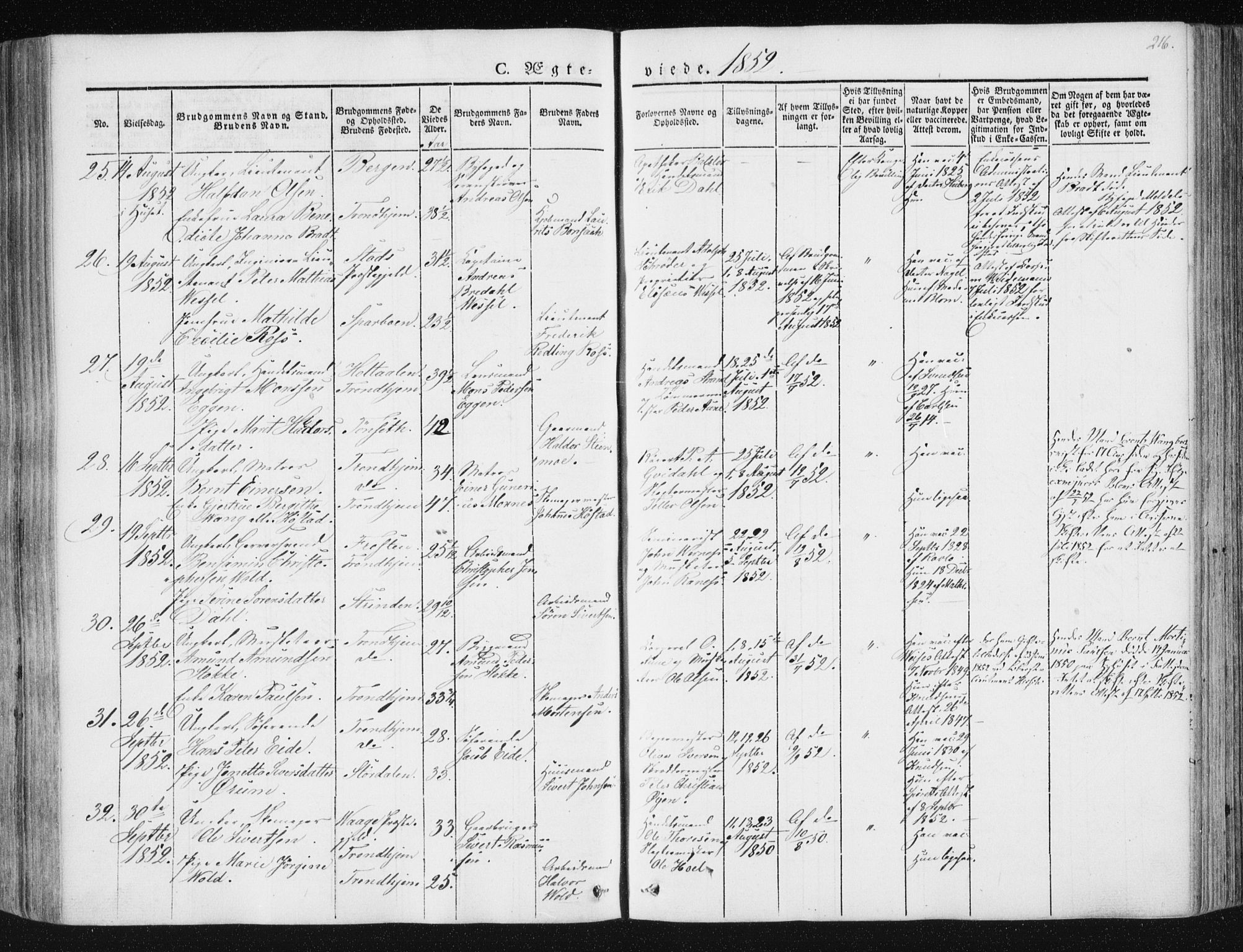 Ministerialprotokoller, klokkerbøker og fødselsregistre - Sør-Trøndelag, AV/SAT-A-1456/602/L0110: Parish register (official) no. 602A08, 1840-1854, p. 216