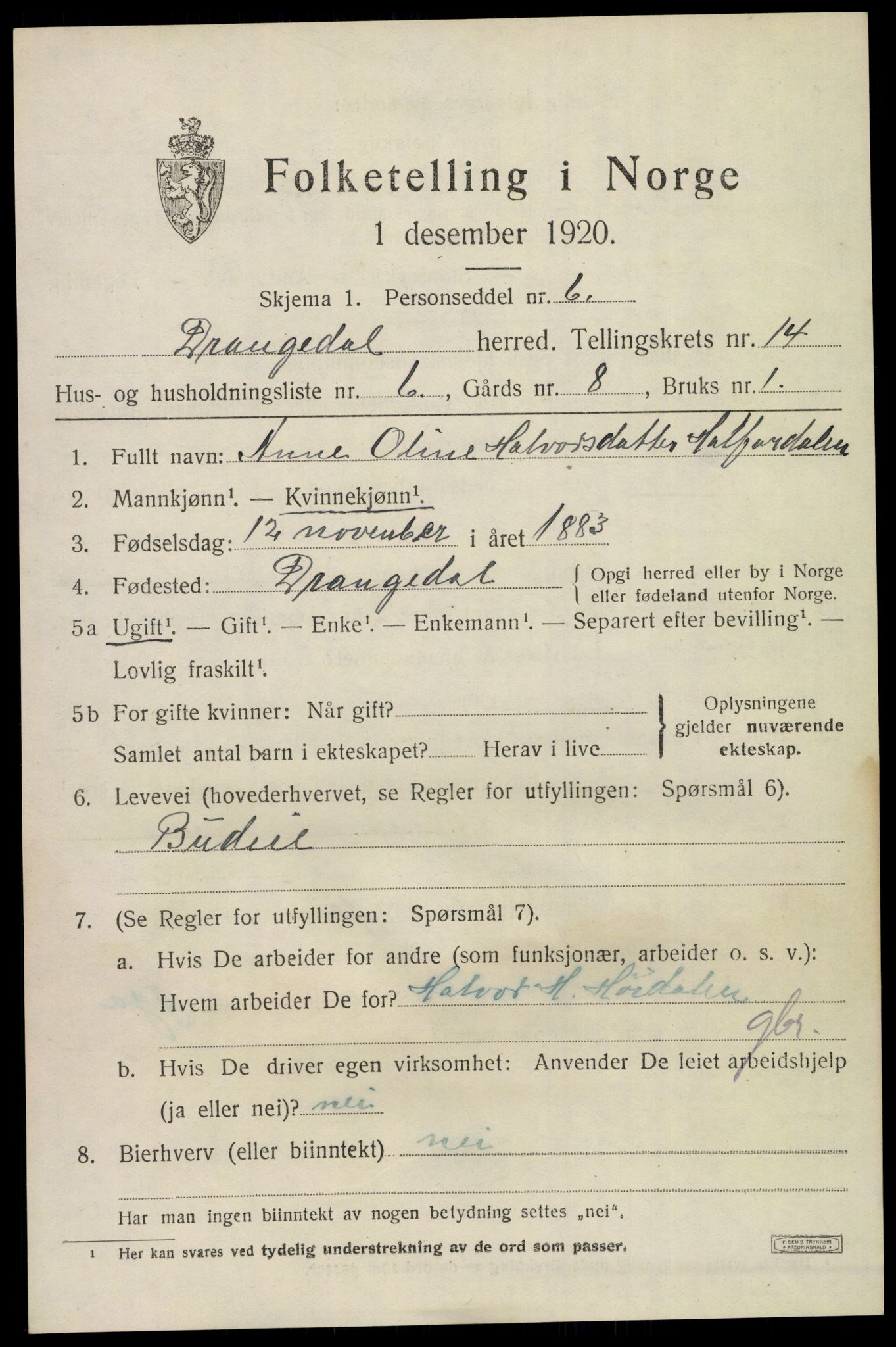 SAKO, 1920 census for Drangedal, 1920, p. 7601