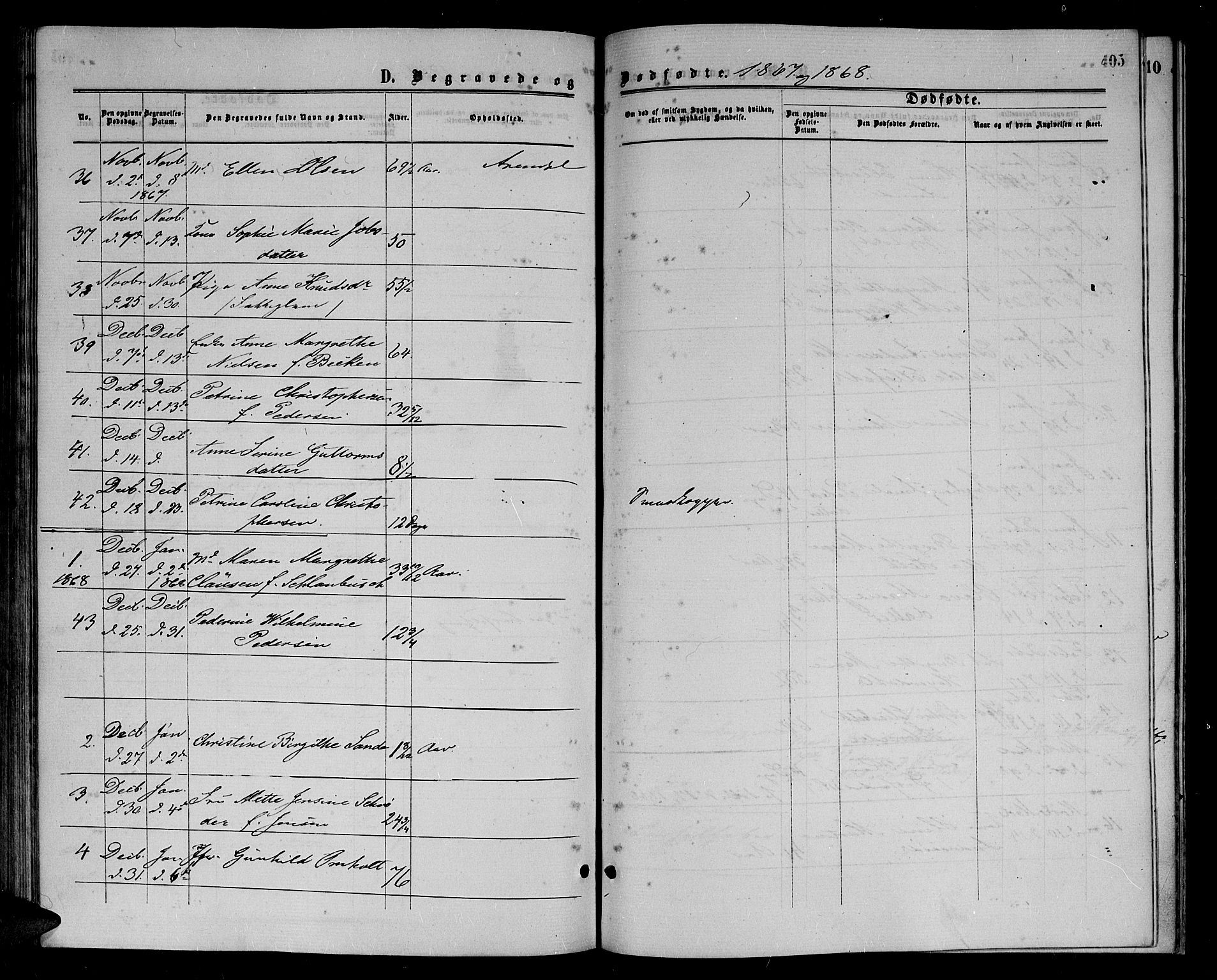 Arendal sokneprestkontor, Trefoldighet, SAK/1111-0040/F/Fb/L0004: Parish register (copy) no. B 4, 1861-1873, p. 405