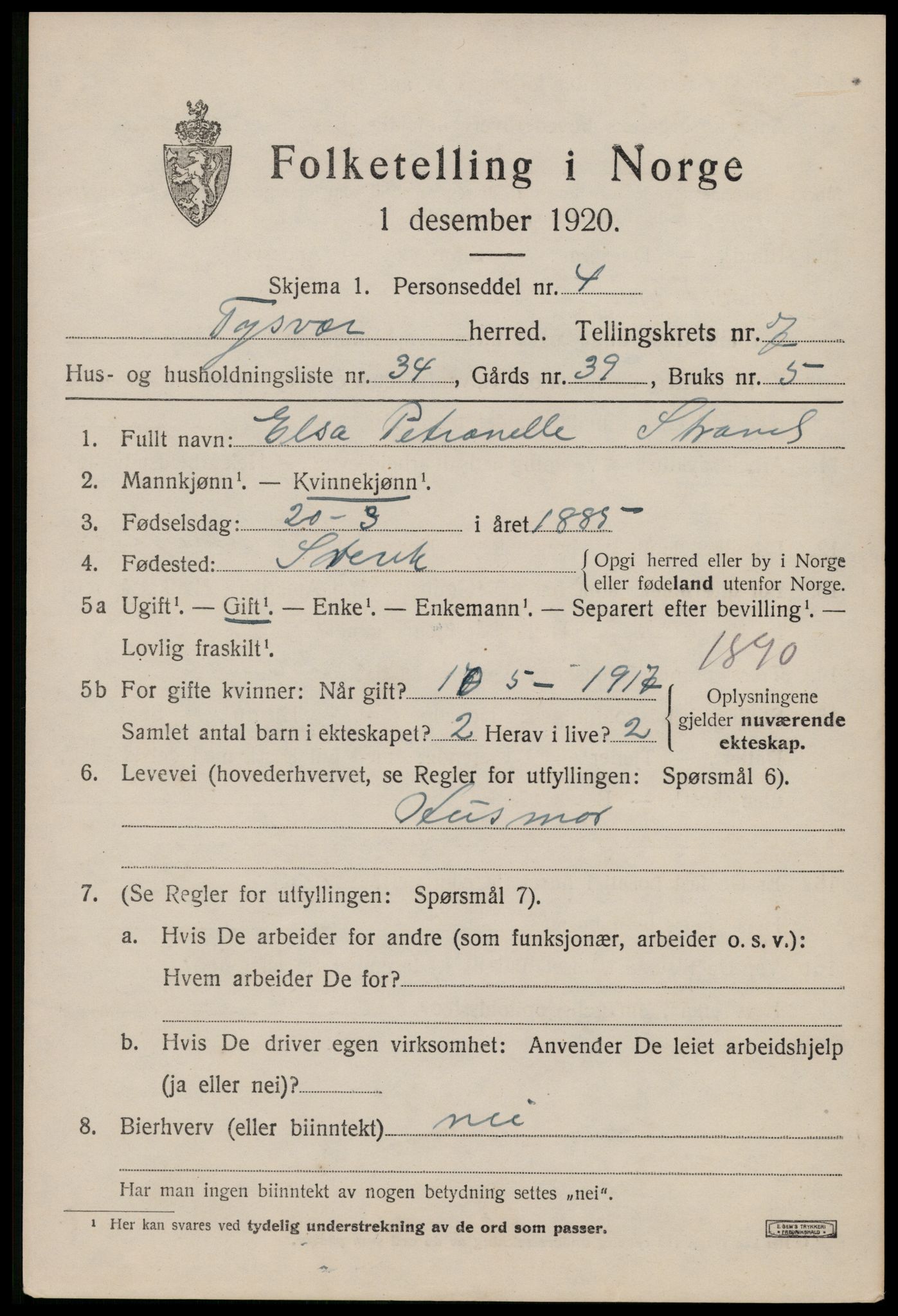 SAST, 1920 census for Tysvær, 1920, p. 2768