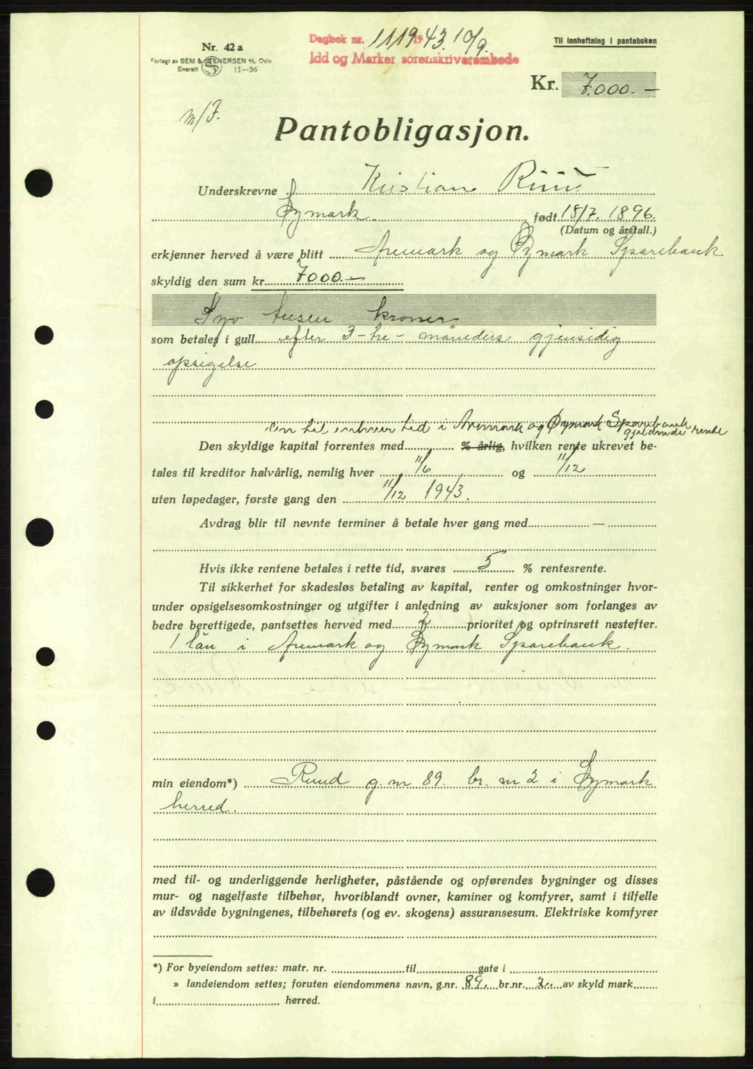 Idd og Marker sorenskriveri, AV/SAO-A-10283/G/Gb/Gbc/L0002: Mortgage book no. B4-9a, 1939-1945, Diary no: : 1119/1943