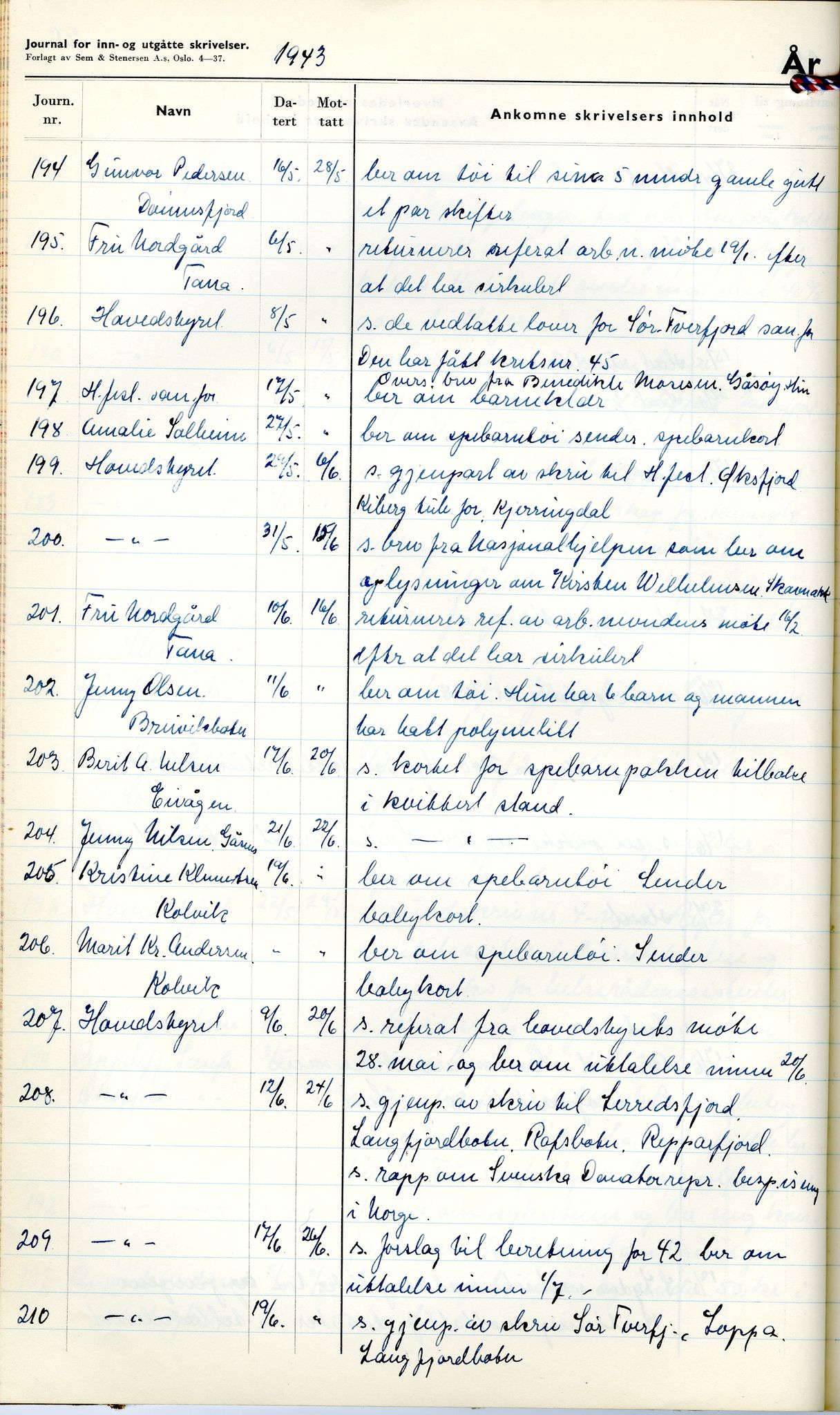 Norske Kvinners Sanitetsforening Finnmark , FMFB/A-1006/C/L0008: Journal for inn- og utgåtte brev, 1938-1944