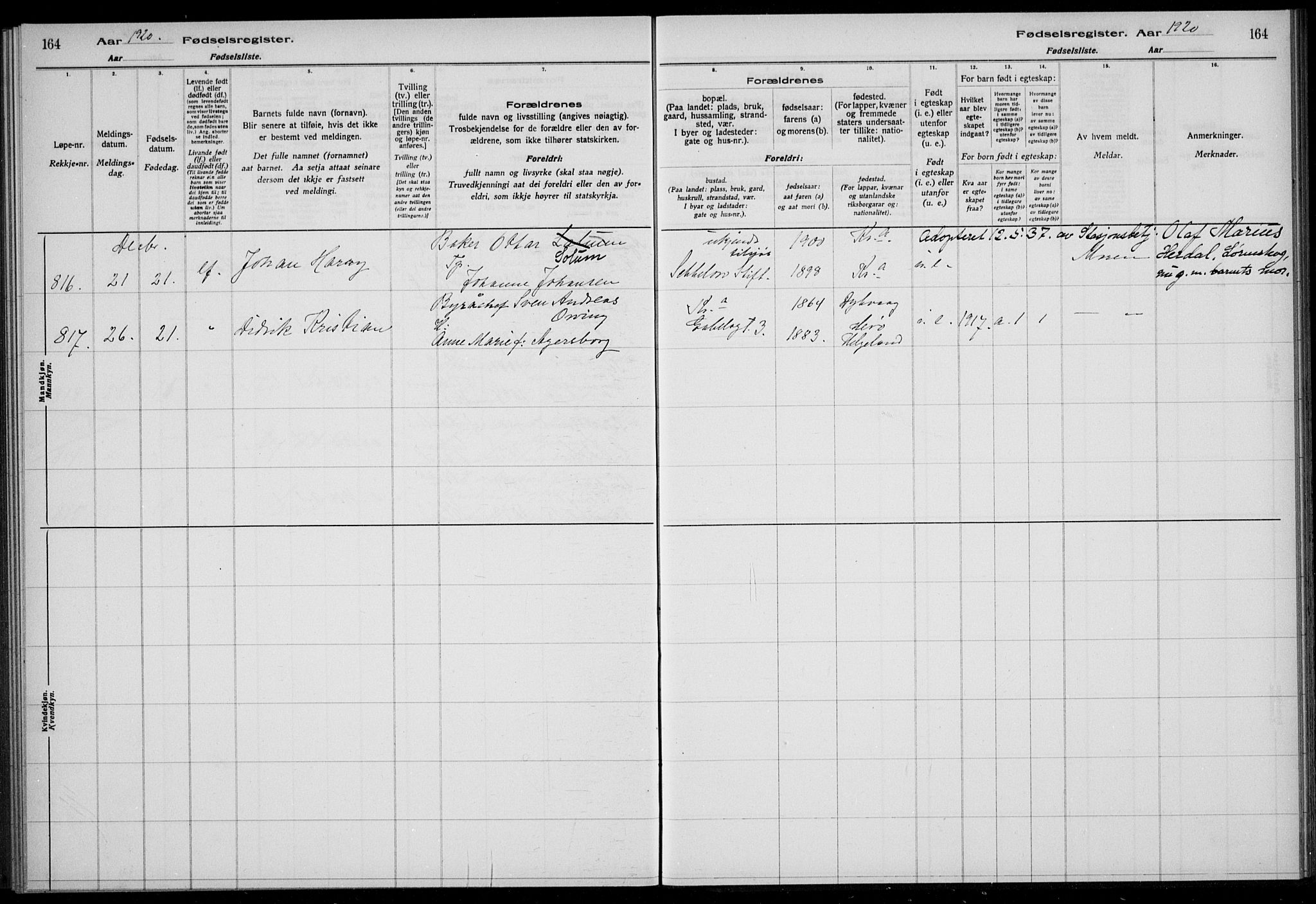 Rikshospitalet prestekontor Kirkebøker, SAO/A-10309b/J/L0005: Birth register no. 5, 1920-1920, p. 164