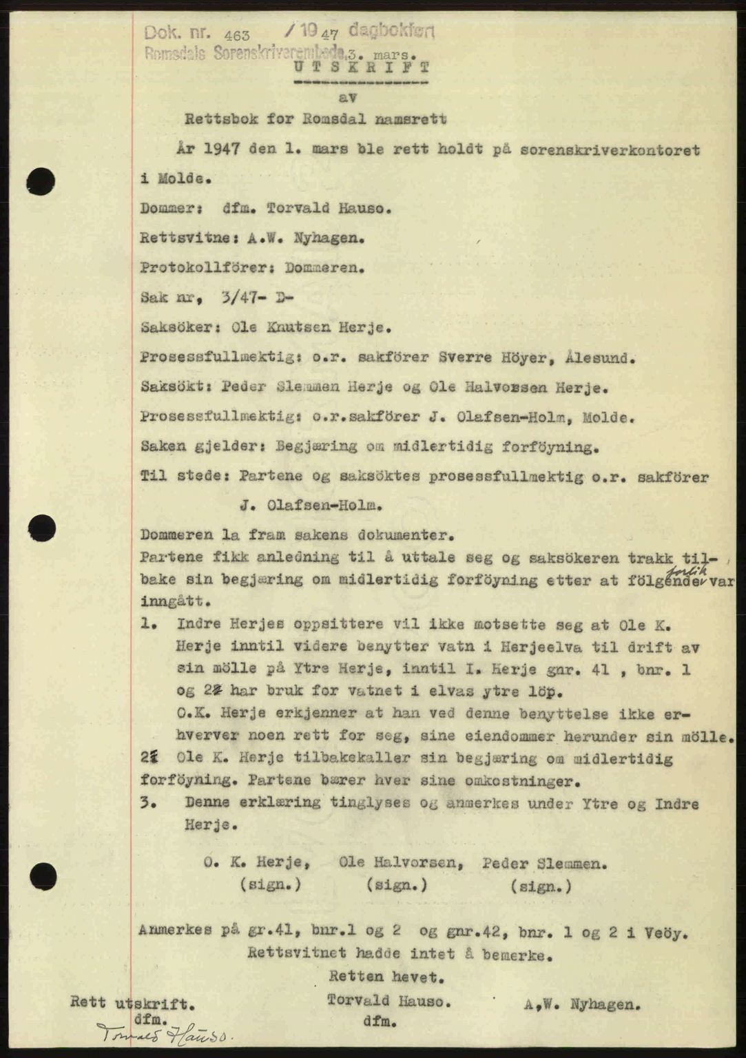 Romsdal sorenskriveri, SAT/A-4149/1/2/2C: Mortgage book no. A22, 1947-1947, Diary no: : 463/1947