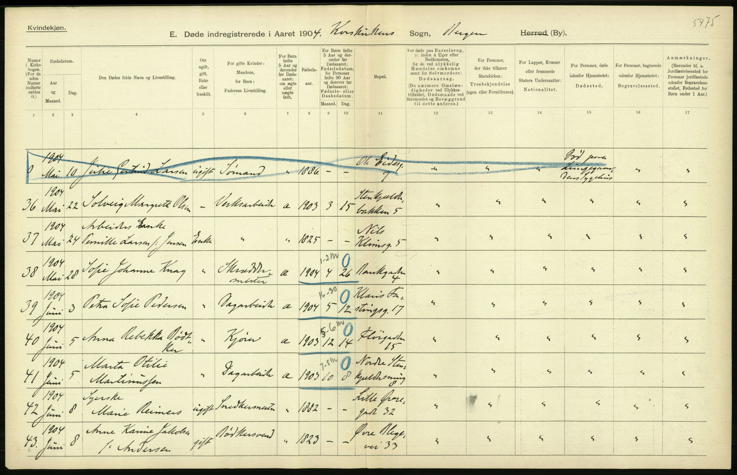 Statistisk sentralbyrå, Sosiodemografiske emner, Befolkning, AV/RA-S-2228/D/Df/Dfa/Dfab/L0014: Bergen: Fødte, gifte, døde, 1904, p. 366