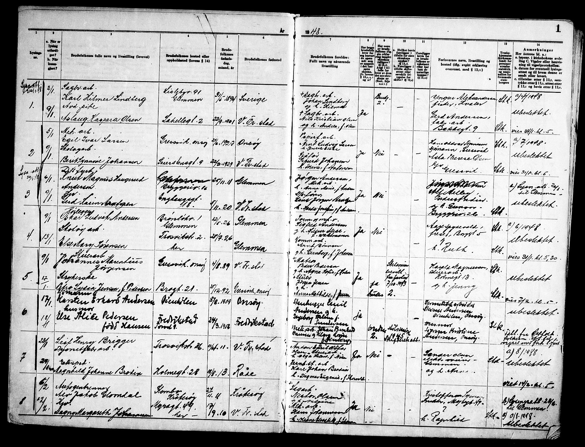 Fredrikstad domkirkes prestekontor Kirkebøker, SAO/A-10906/H/Ha/L0005: Banns register no. 5, 1948-1960, p. 1