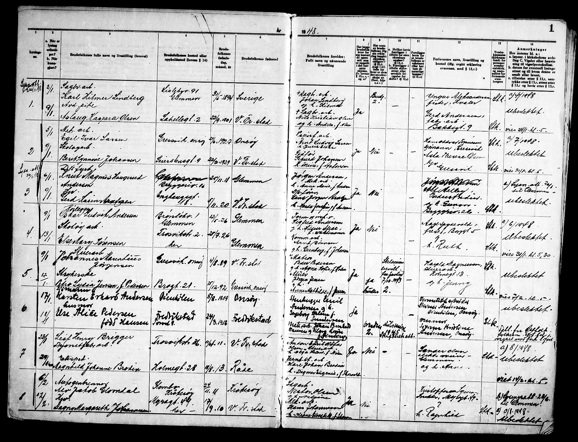 Fredrikstad domkirkes prestekontor Kirkebøker, AV/SAO-A-10906/H/Ha/L0005: Banns register no. 5, 1948-1960, p. 1
