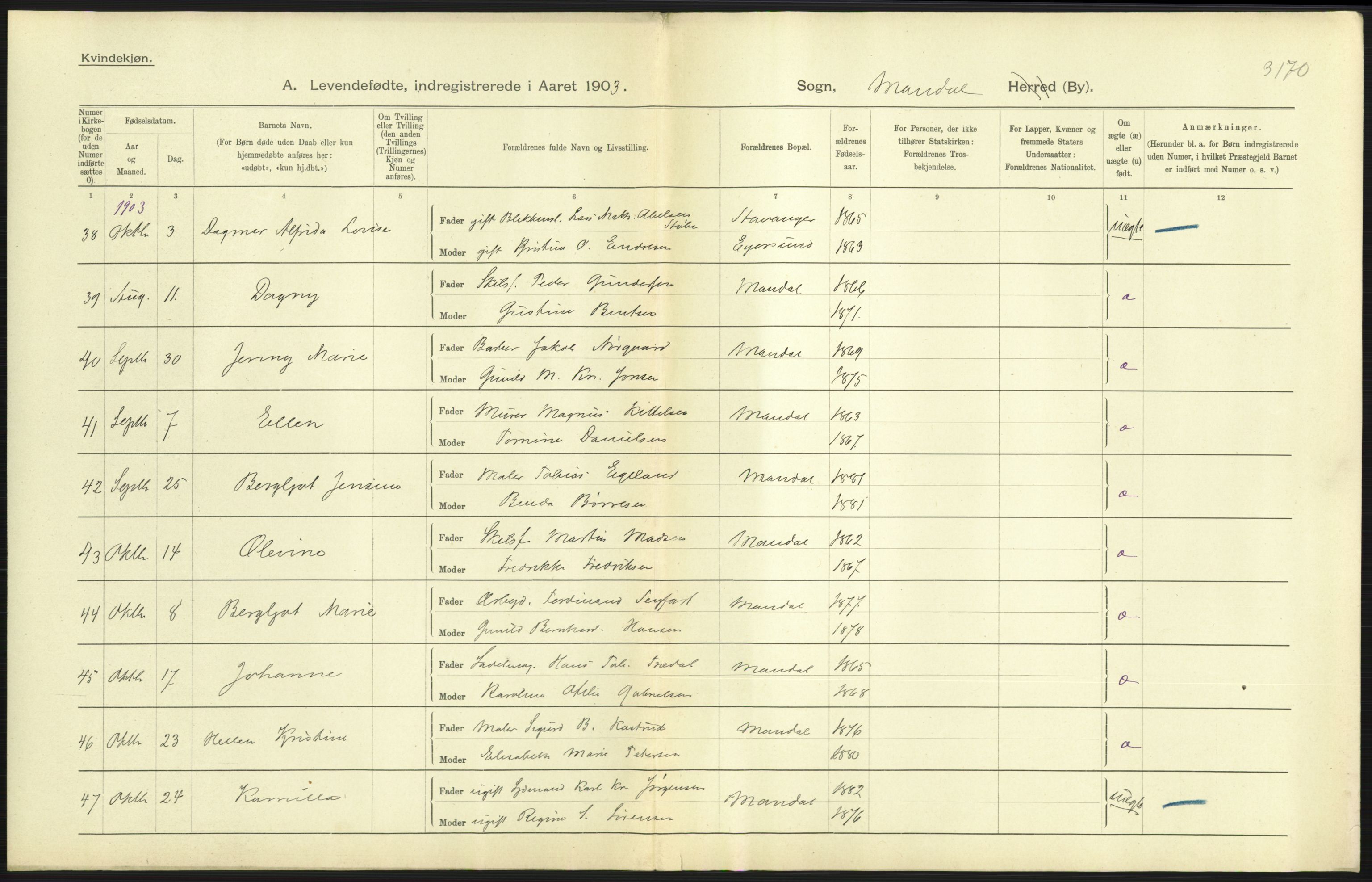 Statistisk sentralbyrå, Sosiodemografiske emner, Befolkning, AV/RA-S-2228/D/Df/Dfa/Dfaa/L0011: Lister og Mandal amt: Fødte, gifte, døde, 1903, p. 203