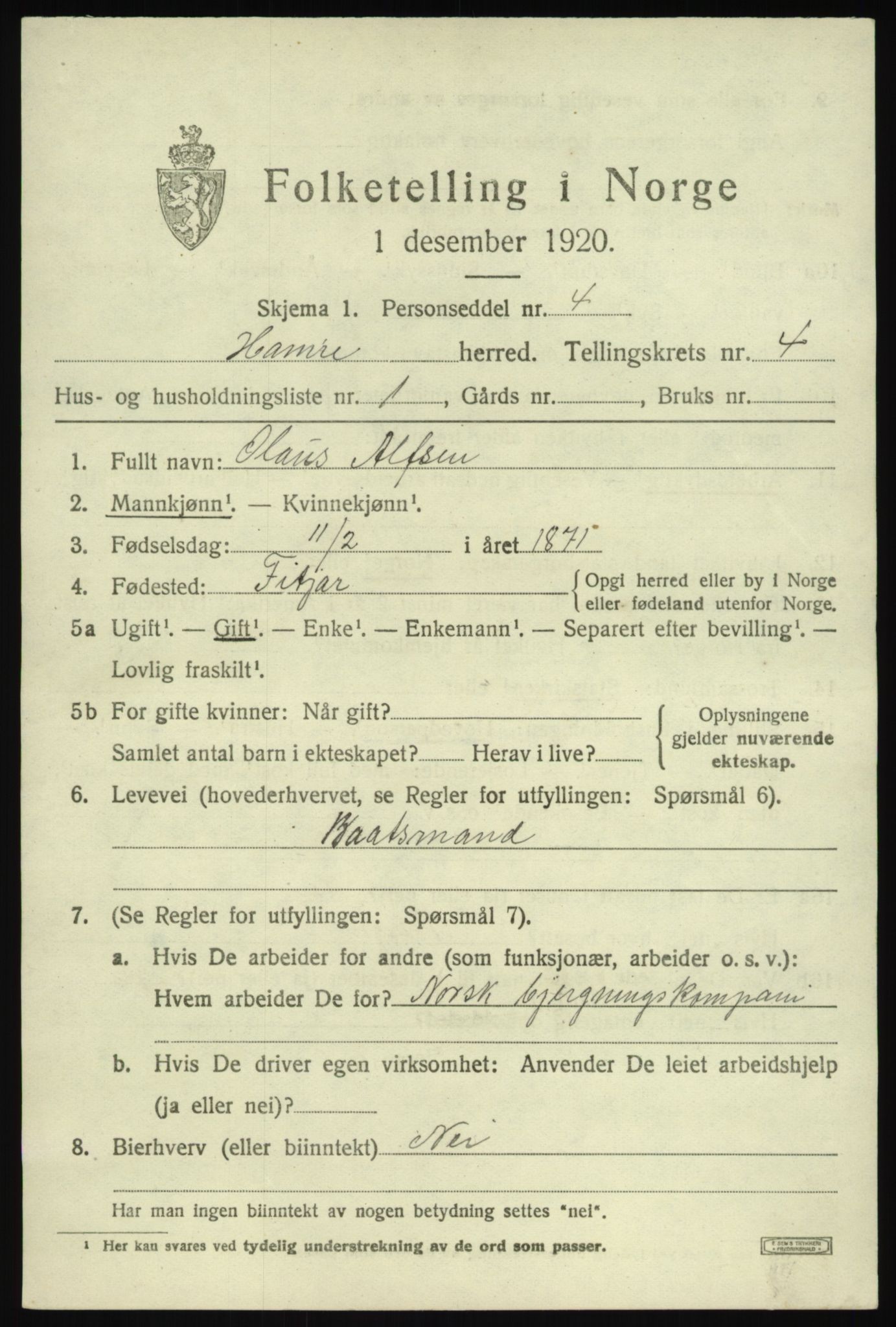 SAB, 1920 census for Hamre, 1920, p. 2345