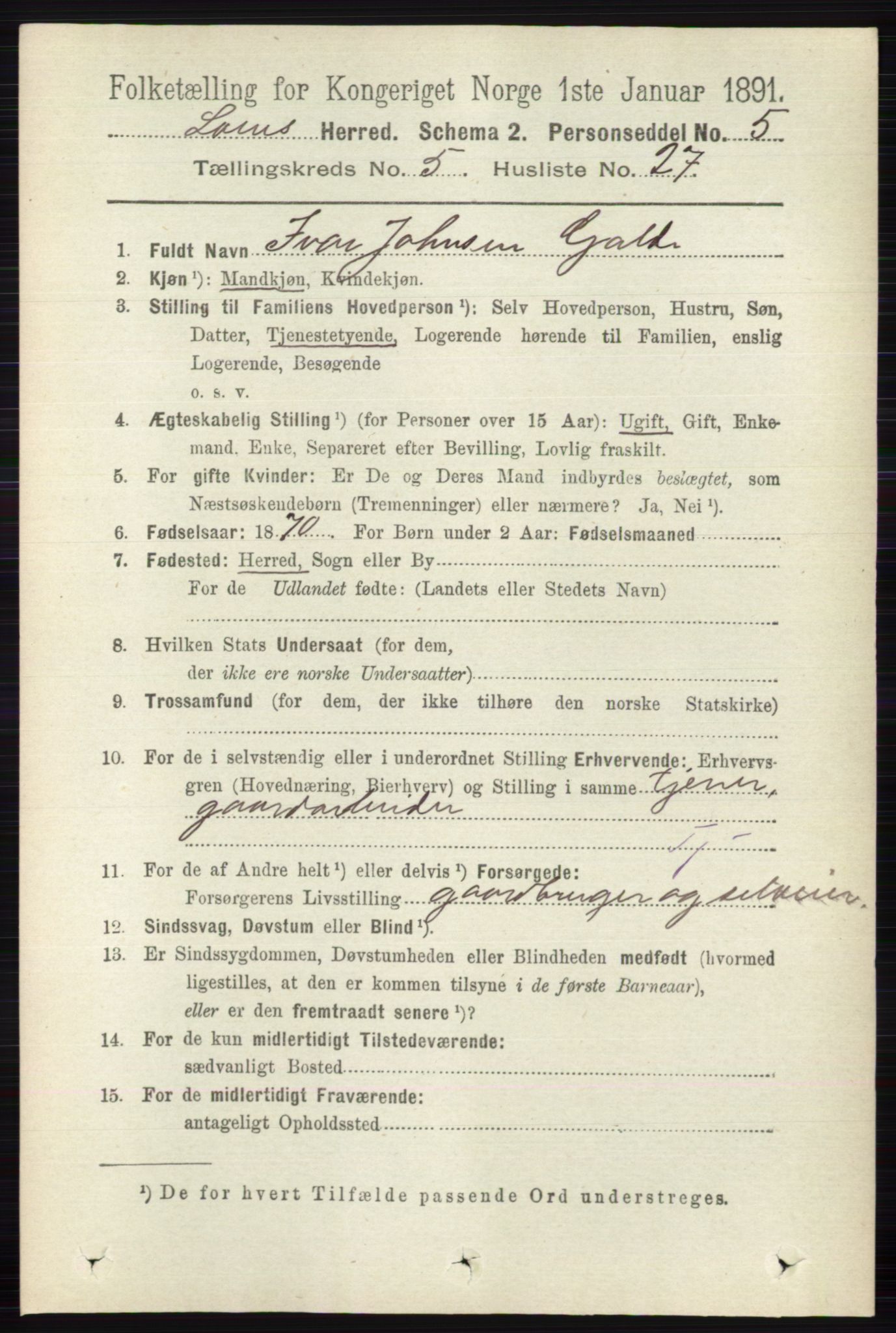 RA, 1891 census for 0514 Lom, 1891, p. 2012