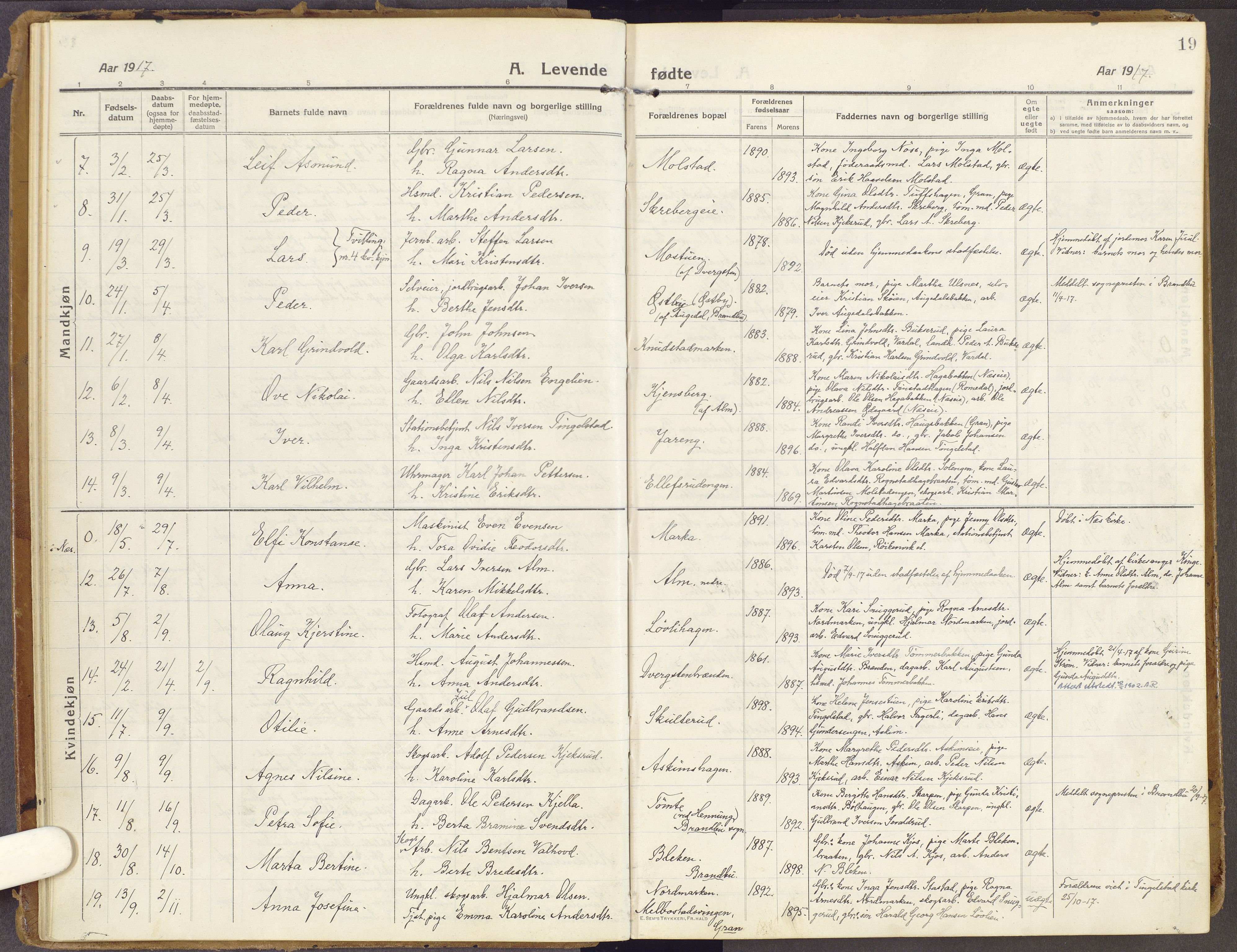 Brandbu prestekontor, AV/SAH-PREST-114/H/Ha/Haa/L0003: Parish register (official) no. 3, 1914-1928, p. 19