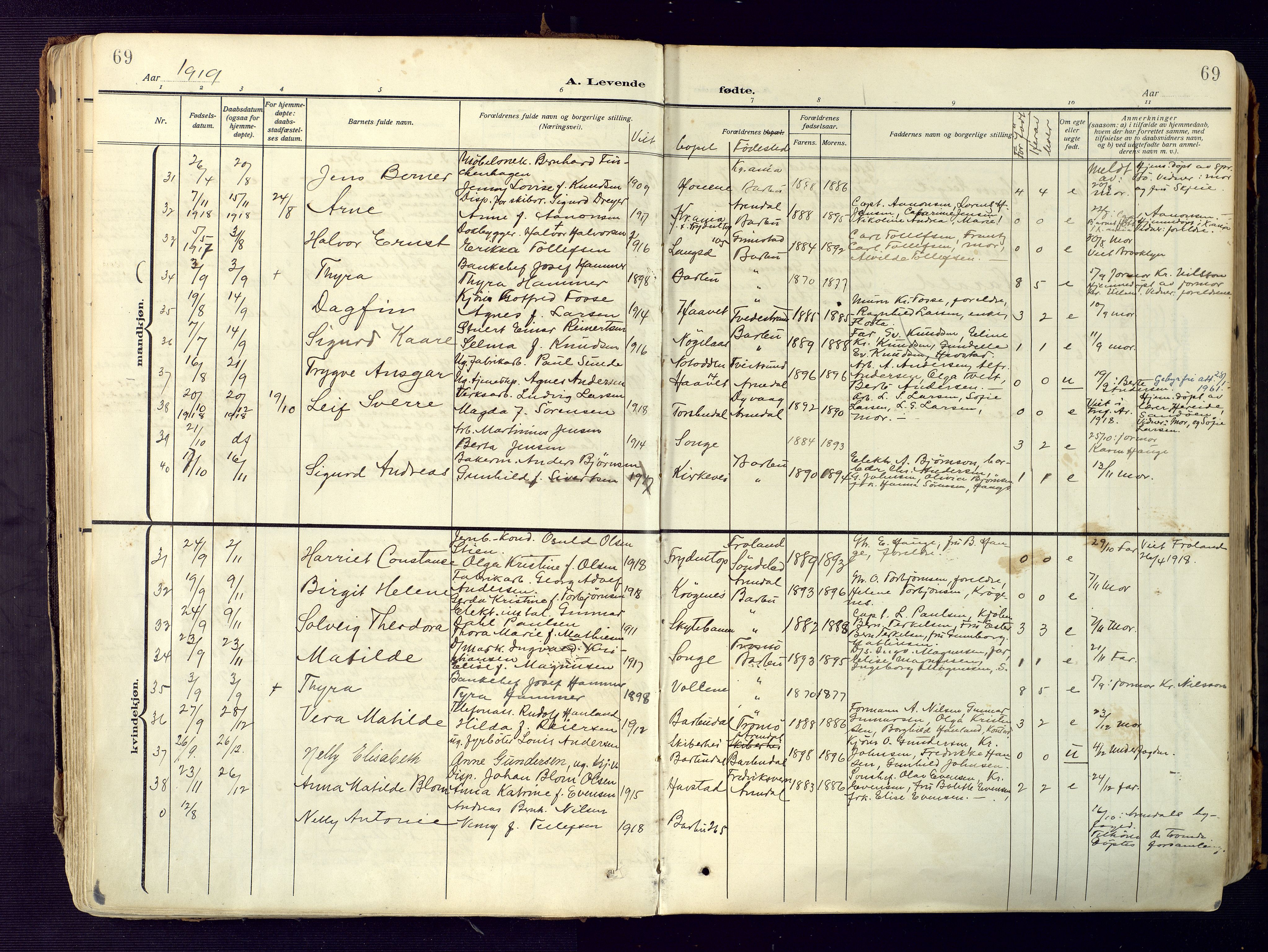 Barbu sokneprestkontor, AV/SAK-1111-0003/F/Fa/L0006: Parish register (official) no. A 6, 1910-1929, p. 69