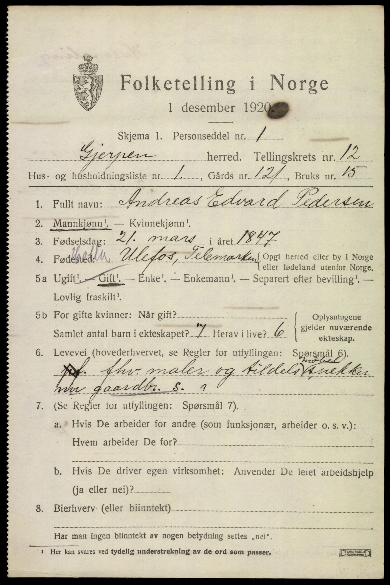 SAKO, 1920 census for Gjerpen, 1920, p. 13572