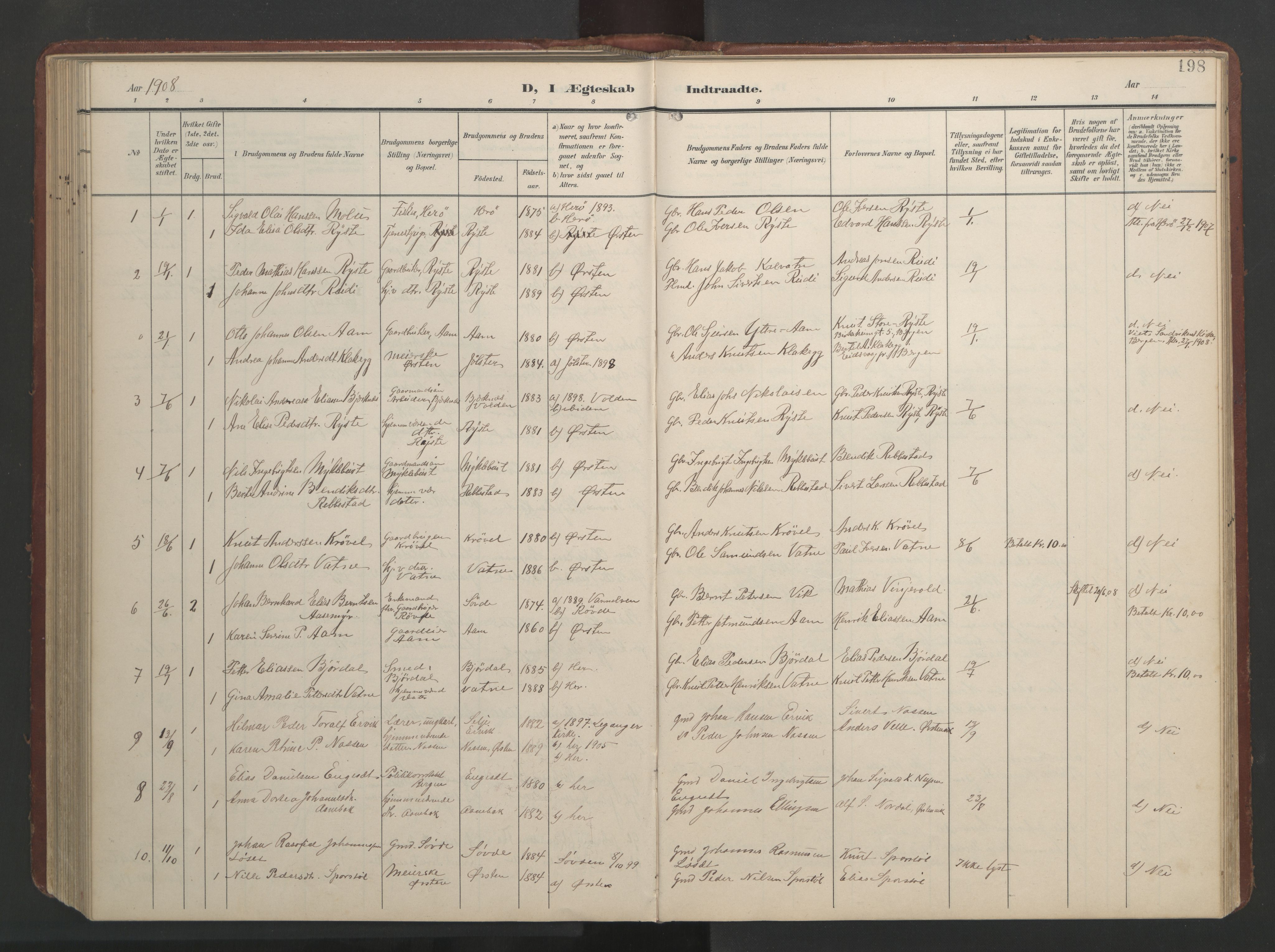 Ministerialprotokoller, klokkerbøker og fødselsregistre - Møre og Romsdal, AV/SAT-A-1454/513/L0190: Parish register (copy) no. 513C04, 1904-1926, p. 198