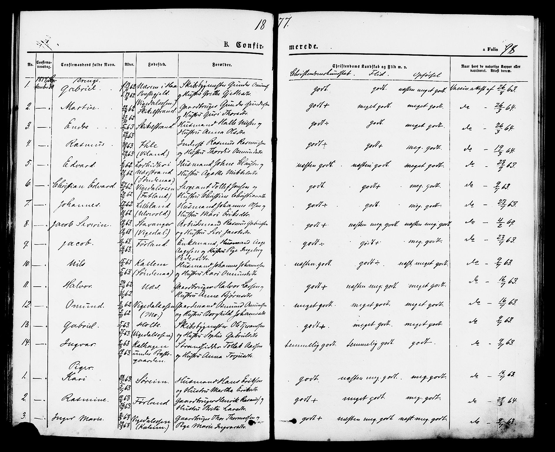 Vikedal sokneprestkontor, SAST/A-101840/01/IV: Parish register (official) no. A 7, 1868-1883, p. 98
