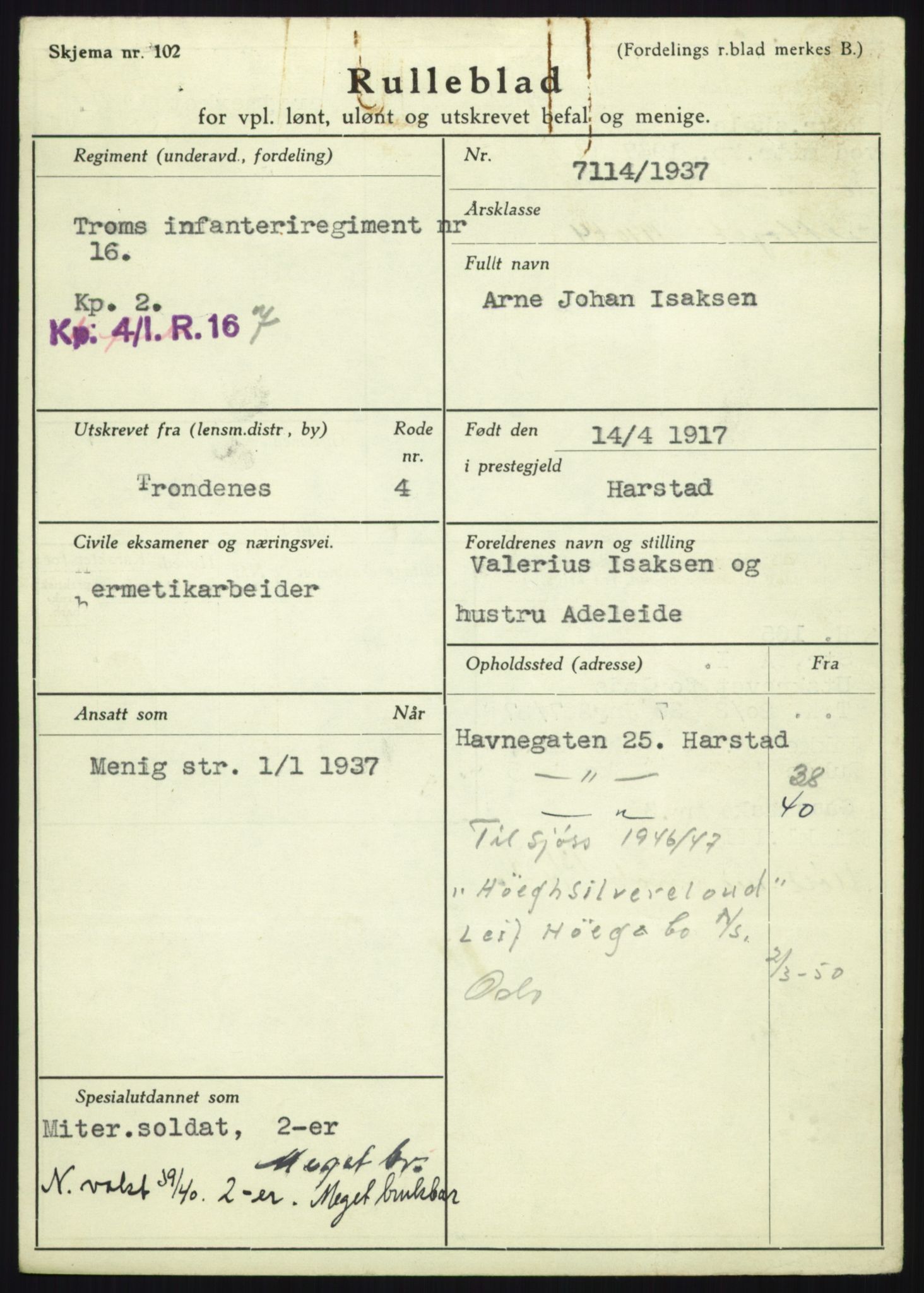 Forsvaret, Troms infanteriregiment nr. 16, AV/RA-RAFA-3146/P/Pa/L0021: Rulleblad for regimentets menige mannskaper, årsklasse 1937, 1937, p. 411