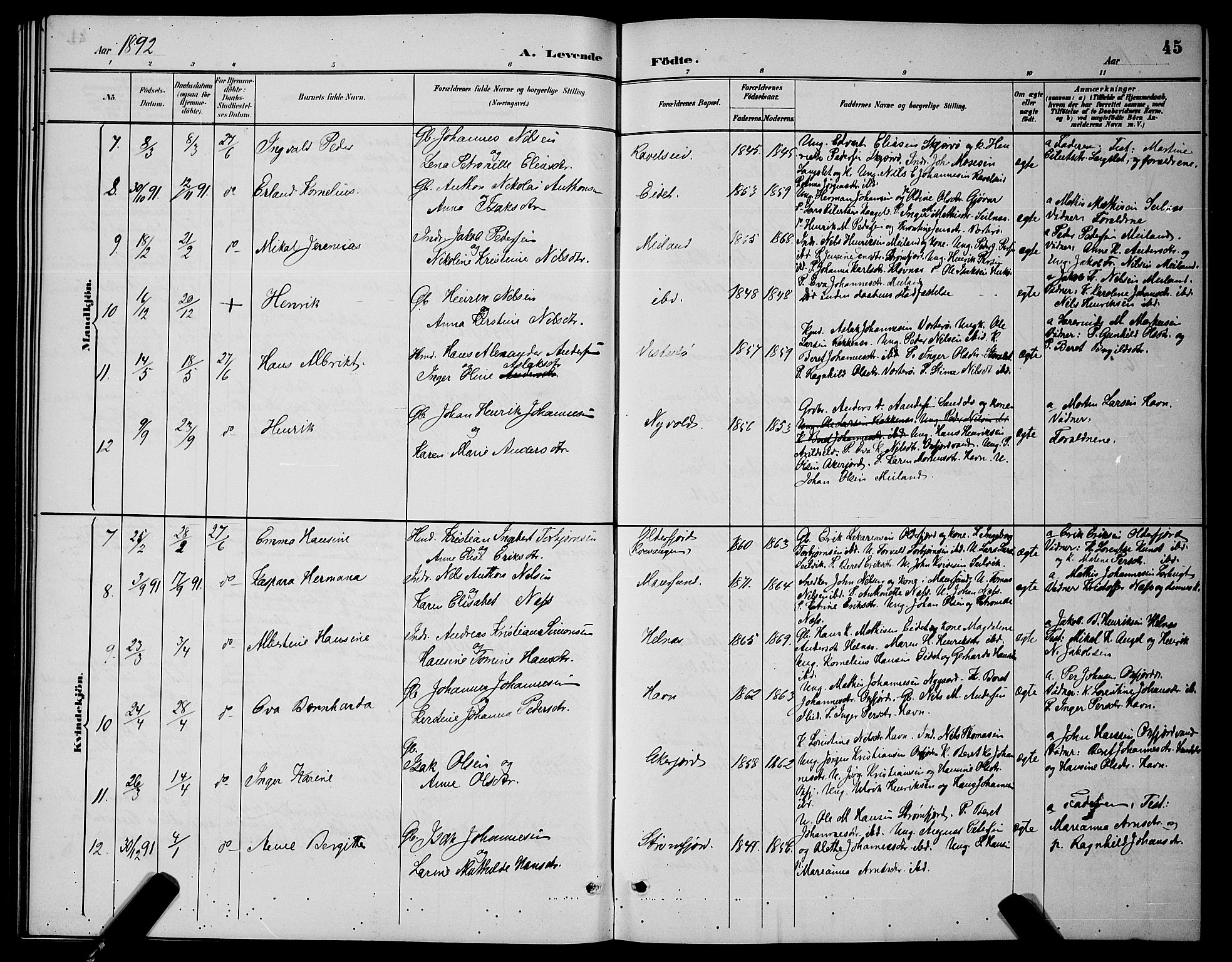 Skjervøy sokneprestkontor, AV/SATØ-S-1300/H/Ha/Hab/L0007klokker: Parish register (copy) no. 7, 1889-1899, p. 45