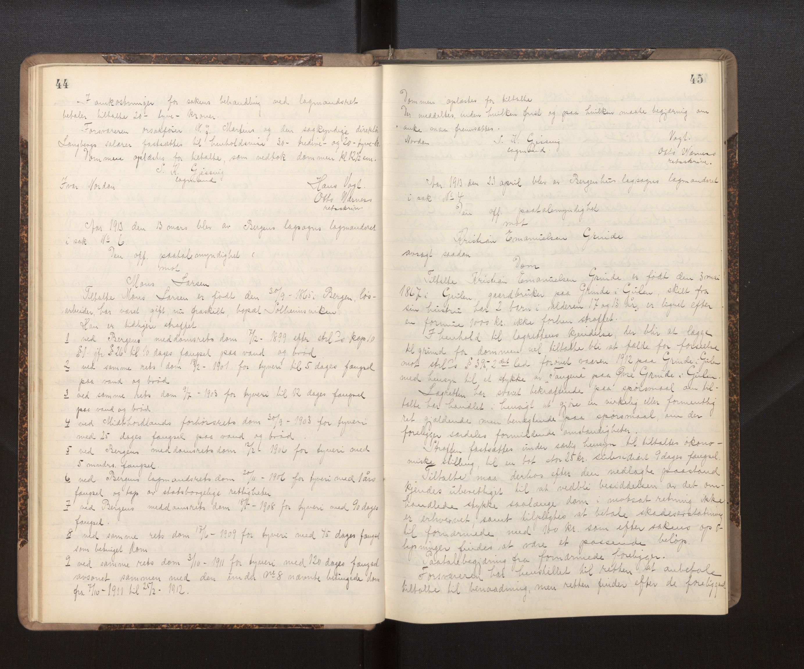 Gulating lagmannsrett, AV/SAB-A-60201/D/Da/L0005: Domsprotokoll for straffesaker - Gula- og Frostating lagdømme, 1912-1918, p. 44-45