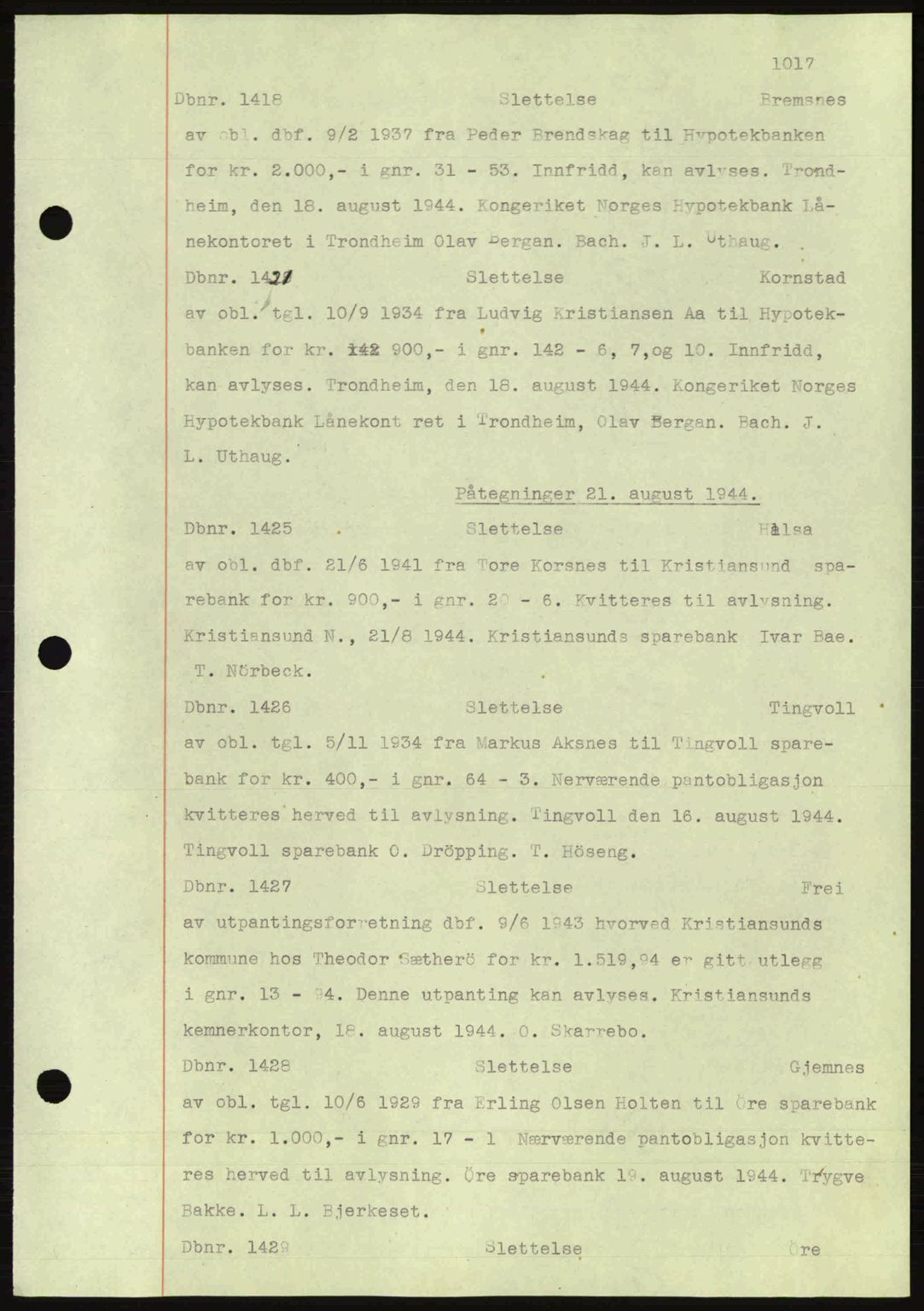 Nordmøre sorenskriveri, AV/SAT-A-4132/1/2/2Ca: Mortgage book no. C81, 1940-1945, Diary no: : 1418/1944