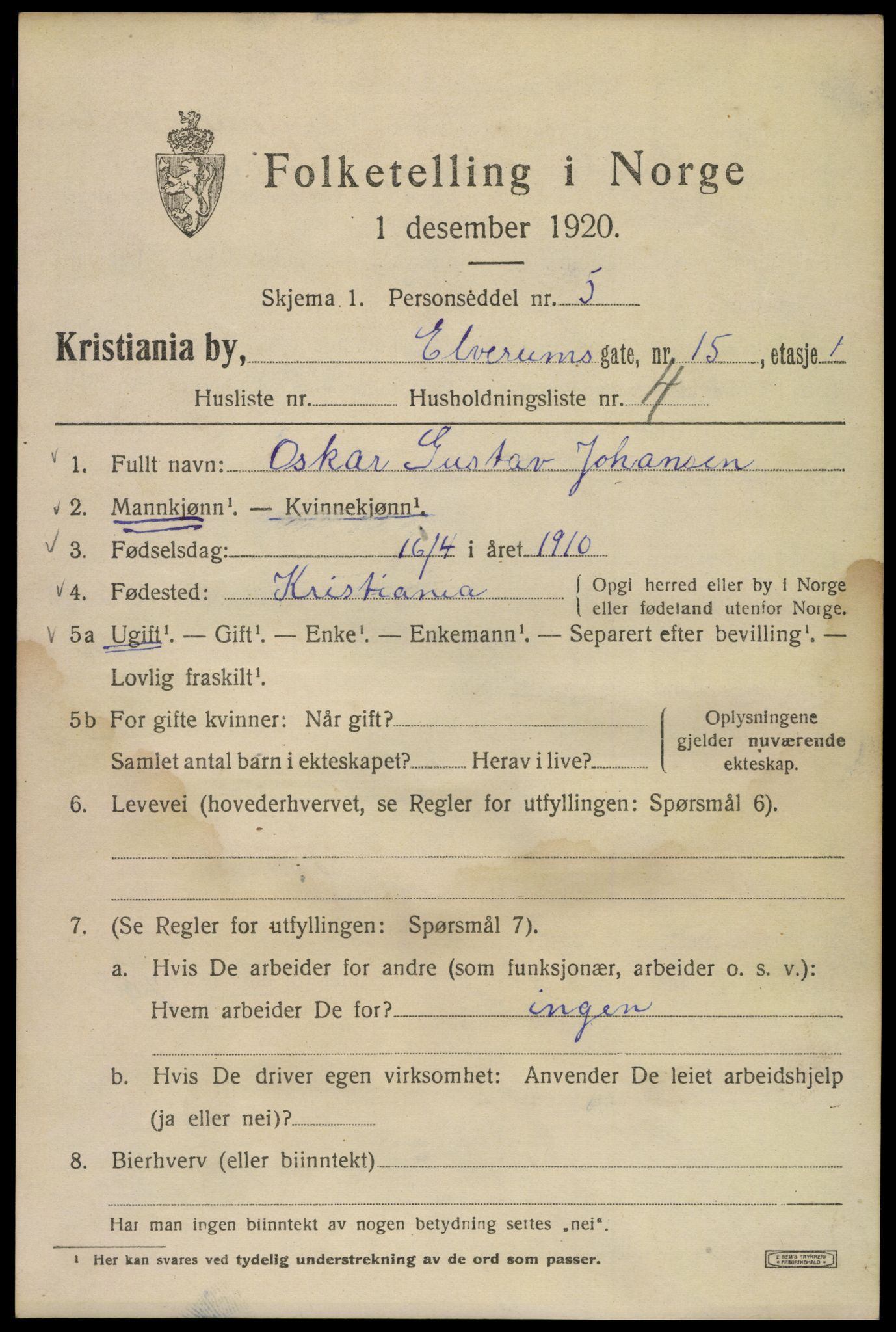 SAO, 1920 census for Kristiania, 1920, p. 215575