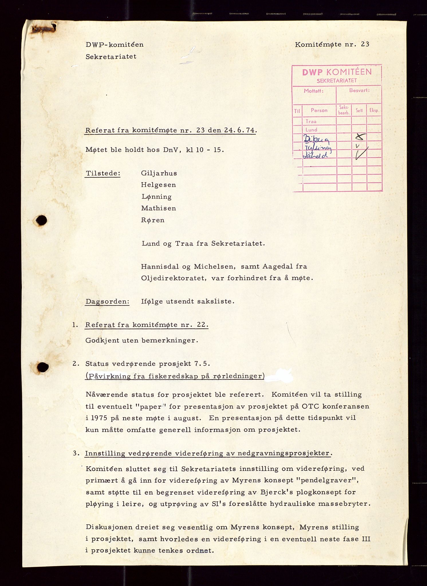 Industridepartementet, Oljekontoret, AV/SAST-A-101348/Di/L0001: DWP, møter juni - november, komiteemøter nr. 19 - 26, 1973-1974, p. 609