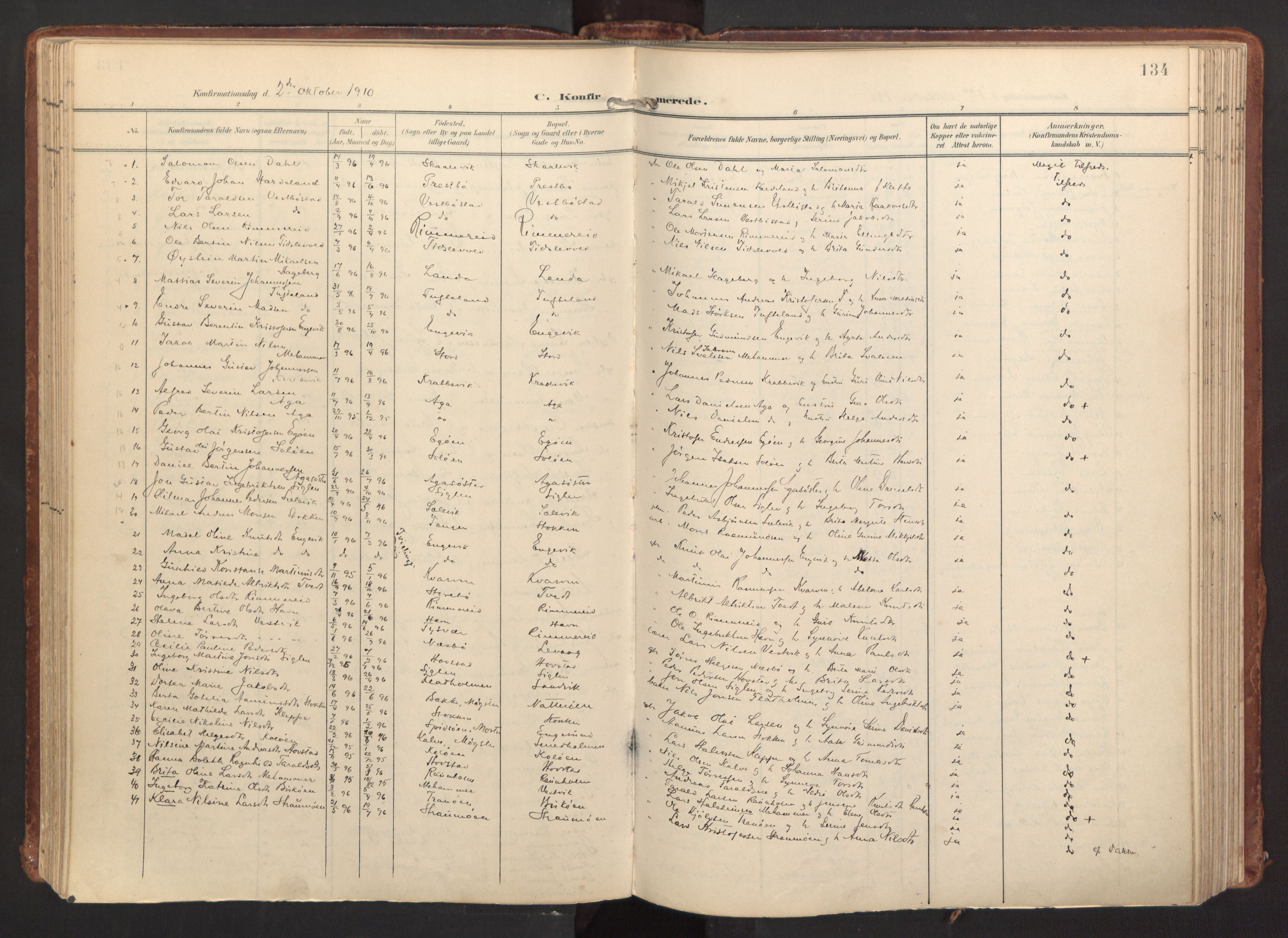 Fitjar sokneprestembete, SAB/A-99926: Parish register (official) no. A 3, 1900-1918, p. 134