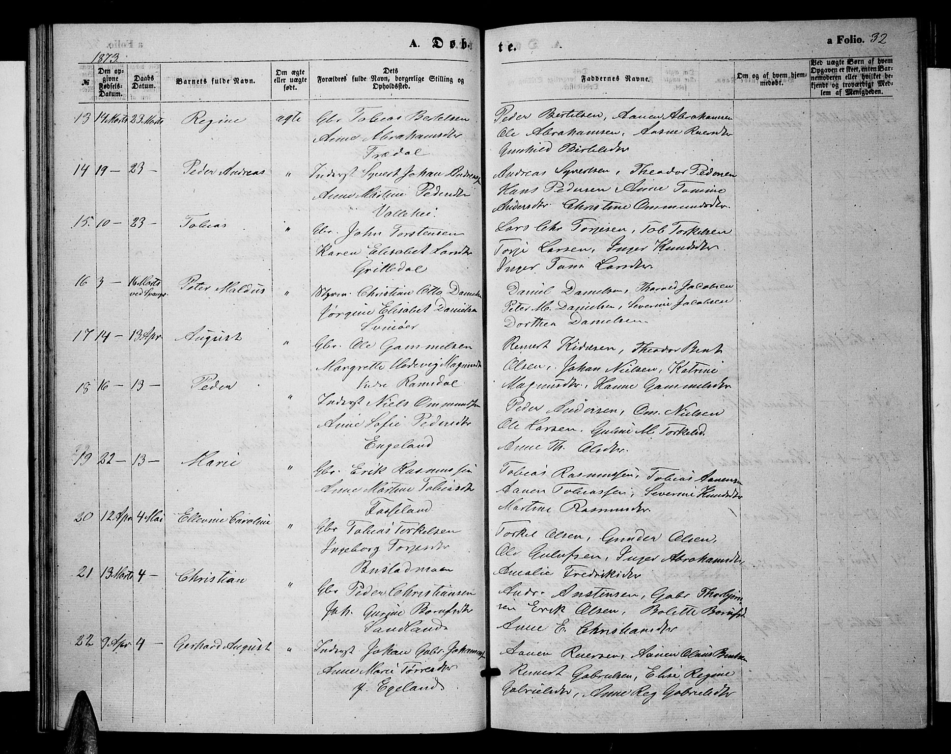 Sør-Audnedal sokneprestkontor, AV/SAK-1111-0039/F/Fb/Fbb/L0004: Parish register (copy) no. B 4, 1868-1879, p. 32