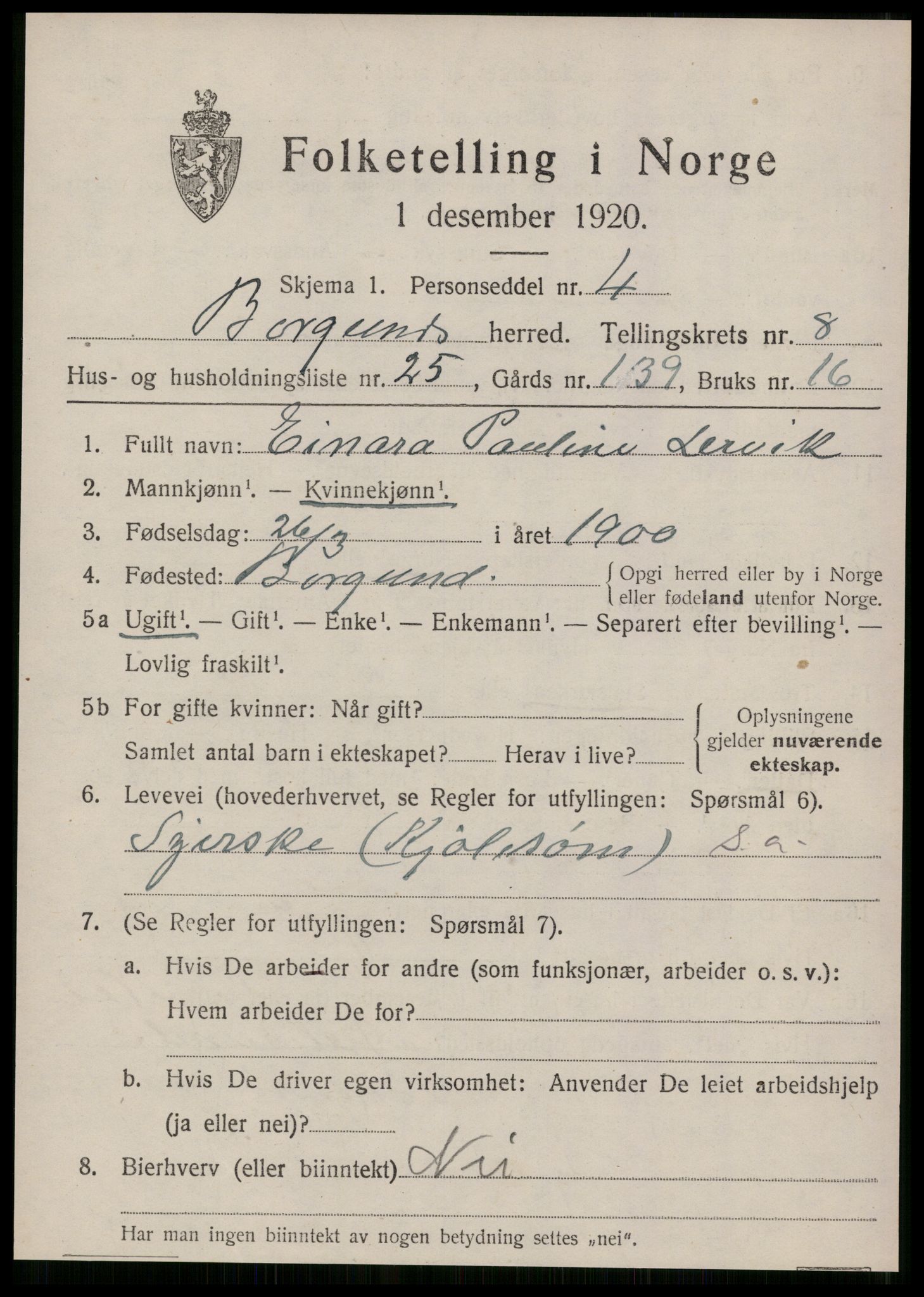 SAT, 1920 census for Borgund, 1920, p. 7808