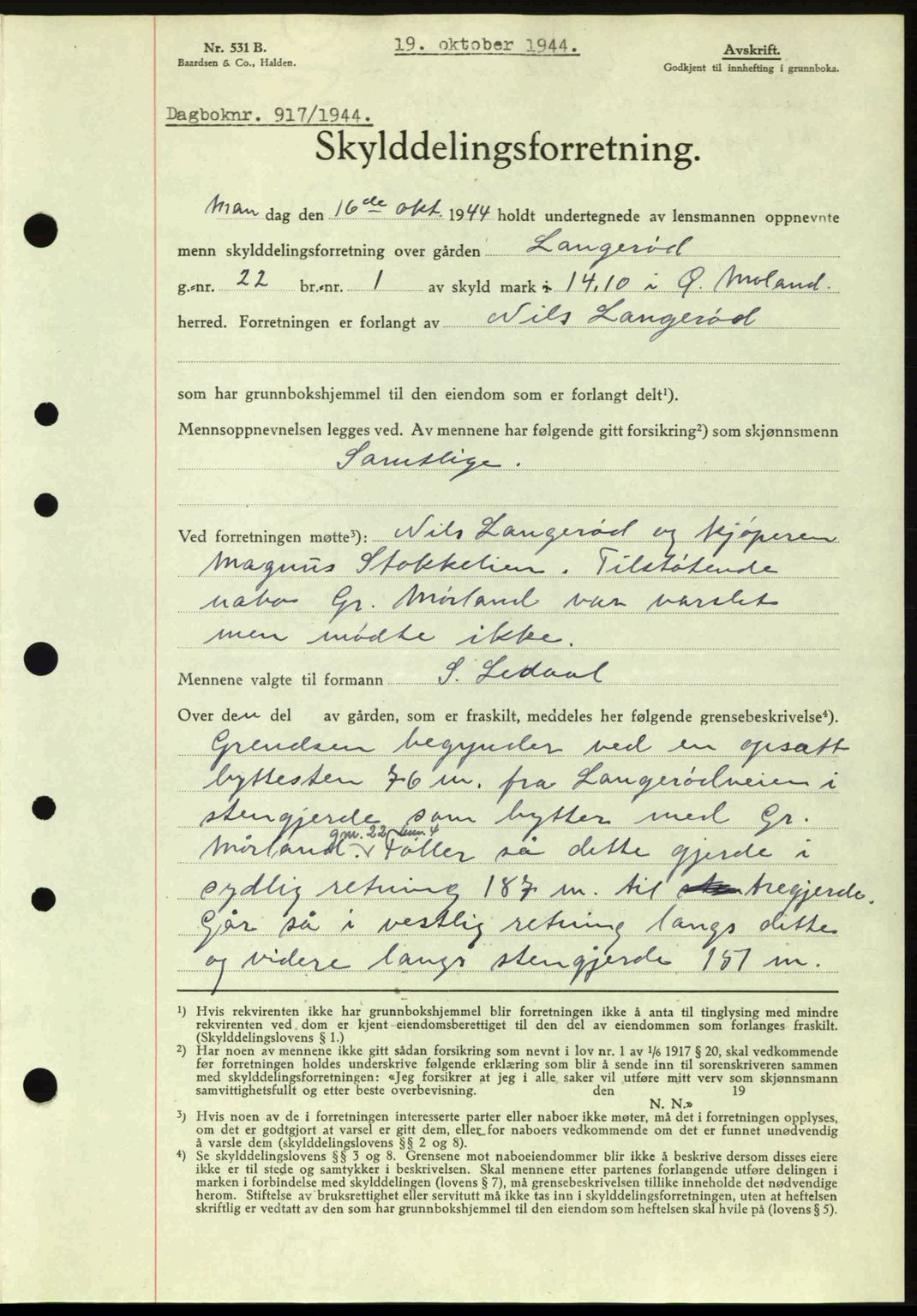 Nedenes sorenskriveri, SAK/1221-0006/G/Gb/Gba/L0052: Mortgage book no. A6a, 1944-1945, Diary no: : 917/1944