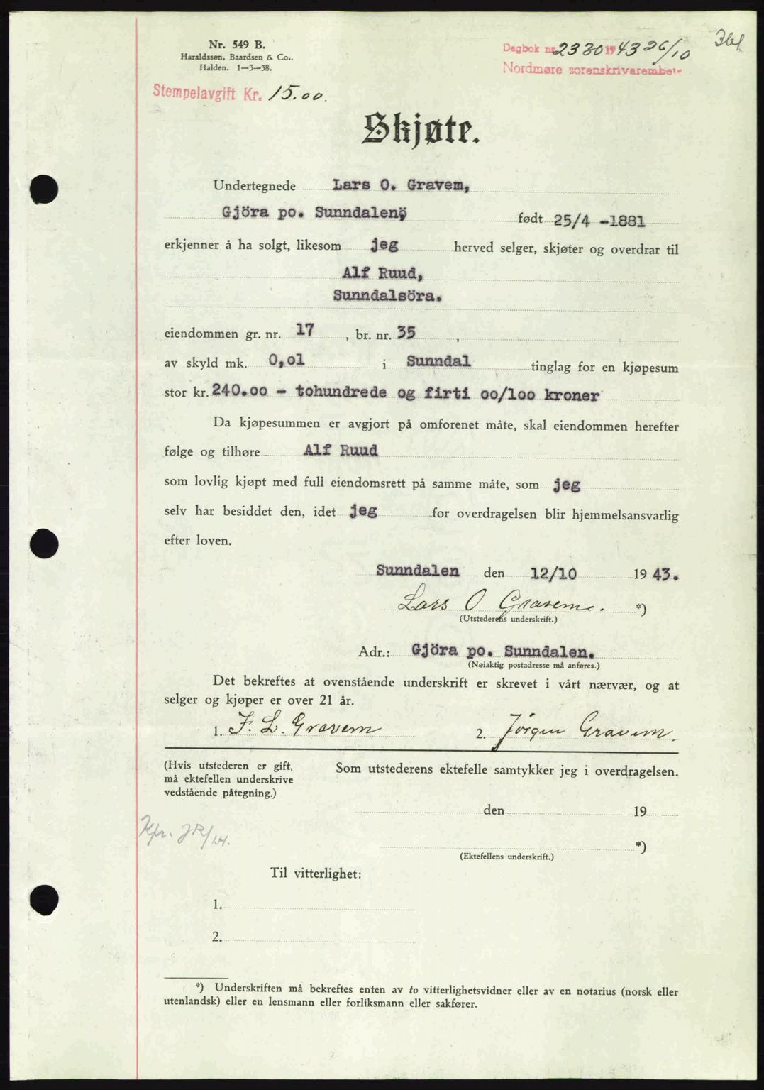 Nordmøre sorenskriveri, SAT/A-4132/1/2/2Ca: Mortgage book no. A96, 1943-1944, Diary no: : 2330/1943
